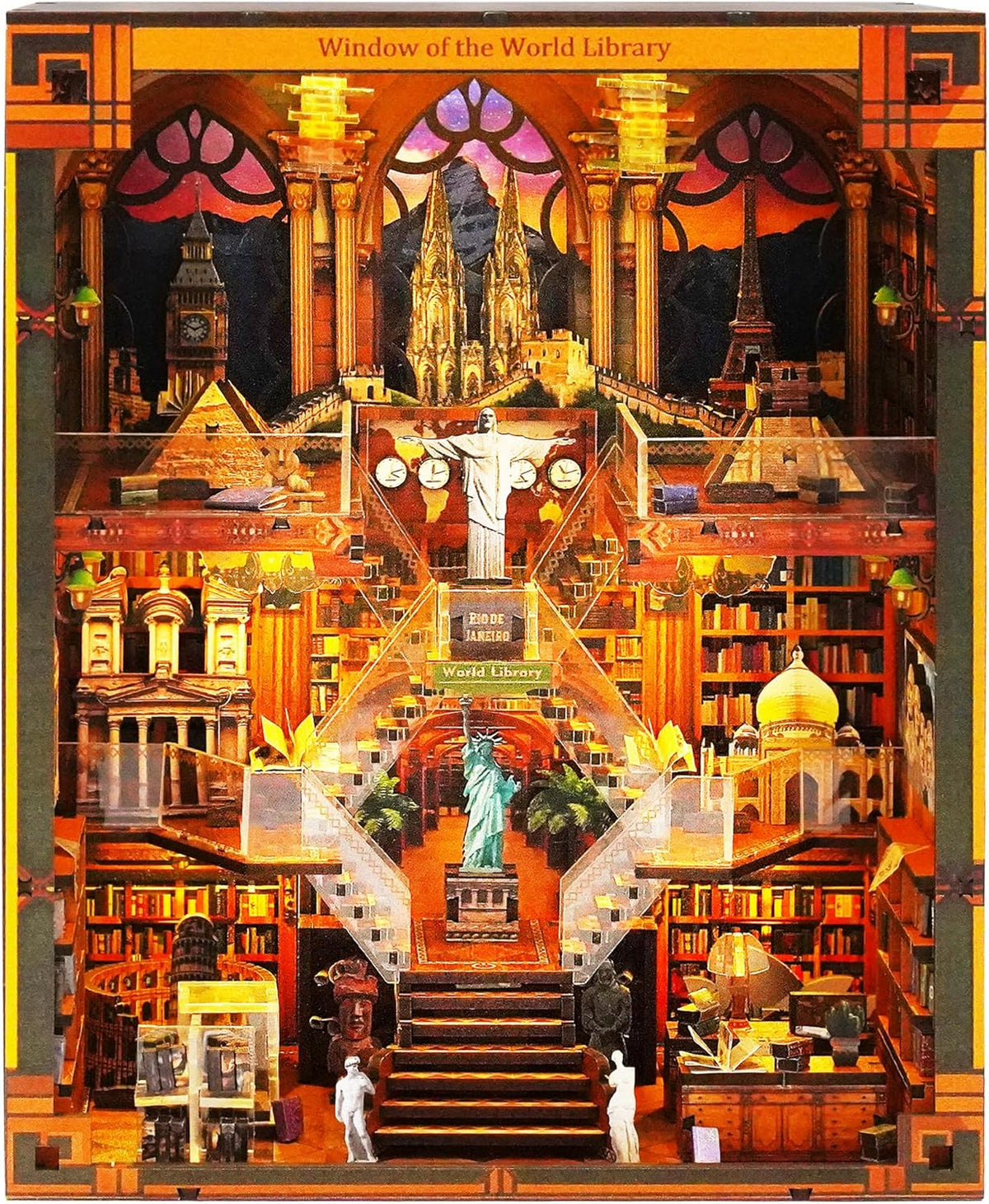 Book Nook Kits for Adults – The World Library Booknook – 3D Wooden Puzzle with LED Lights