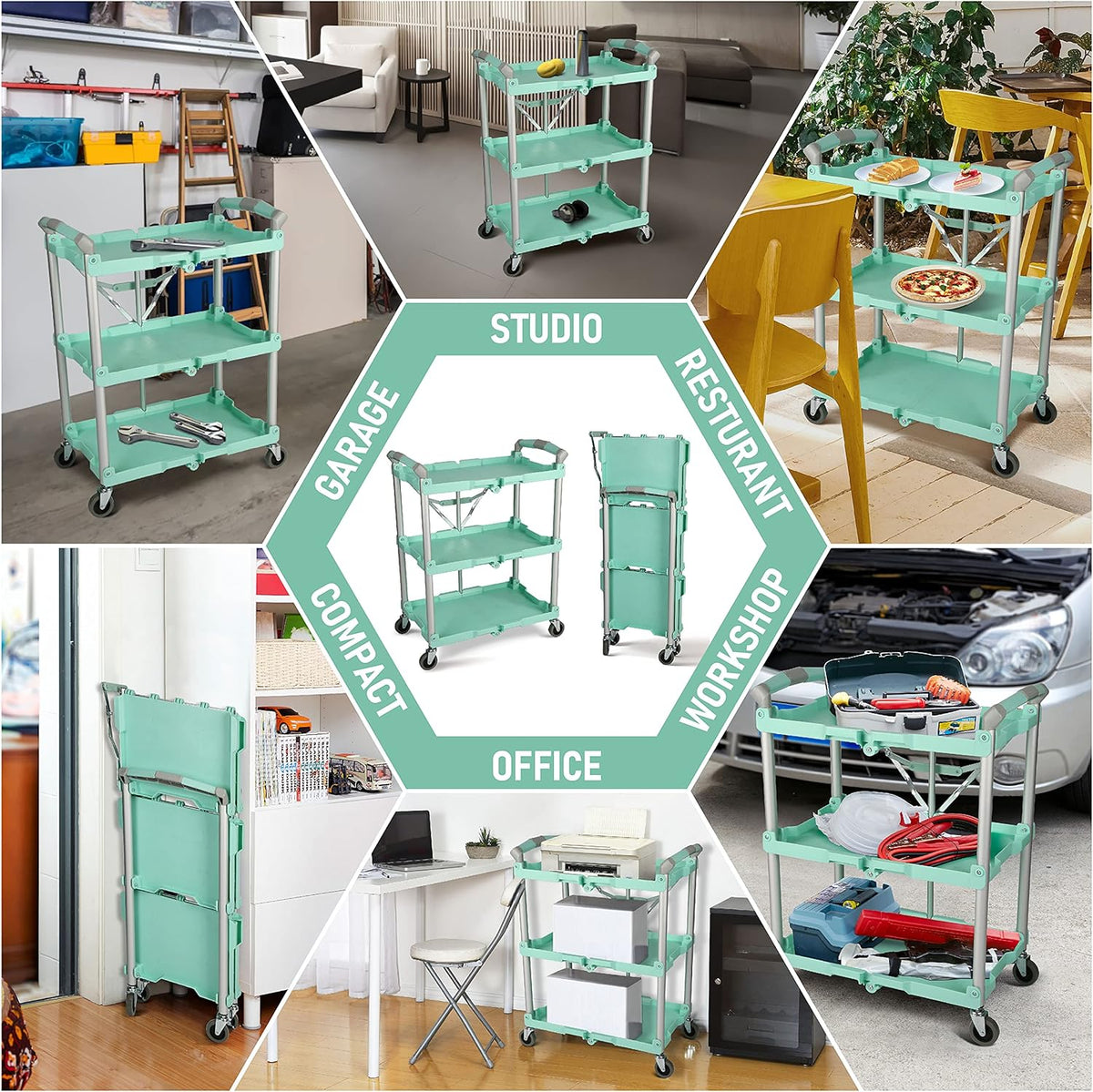 Olympia Tools 89-349 Pack-N-Roll Folding Collapsible Service Cart, 150LB Capacity, Teal