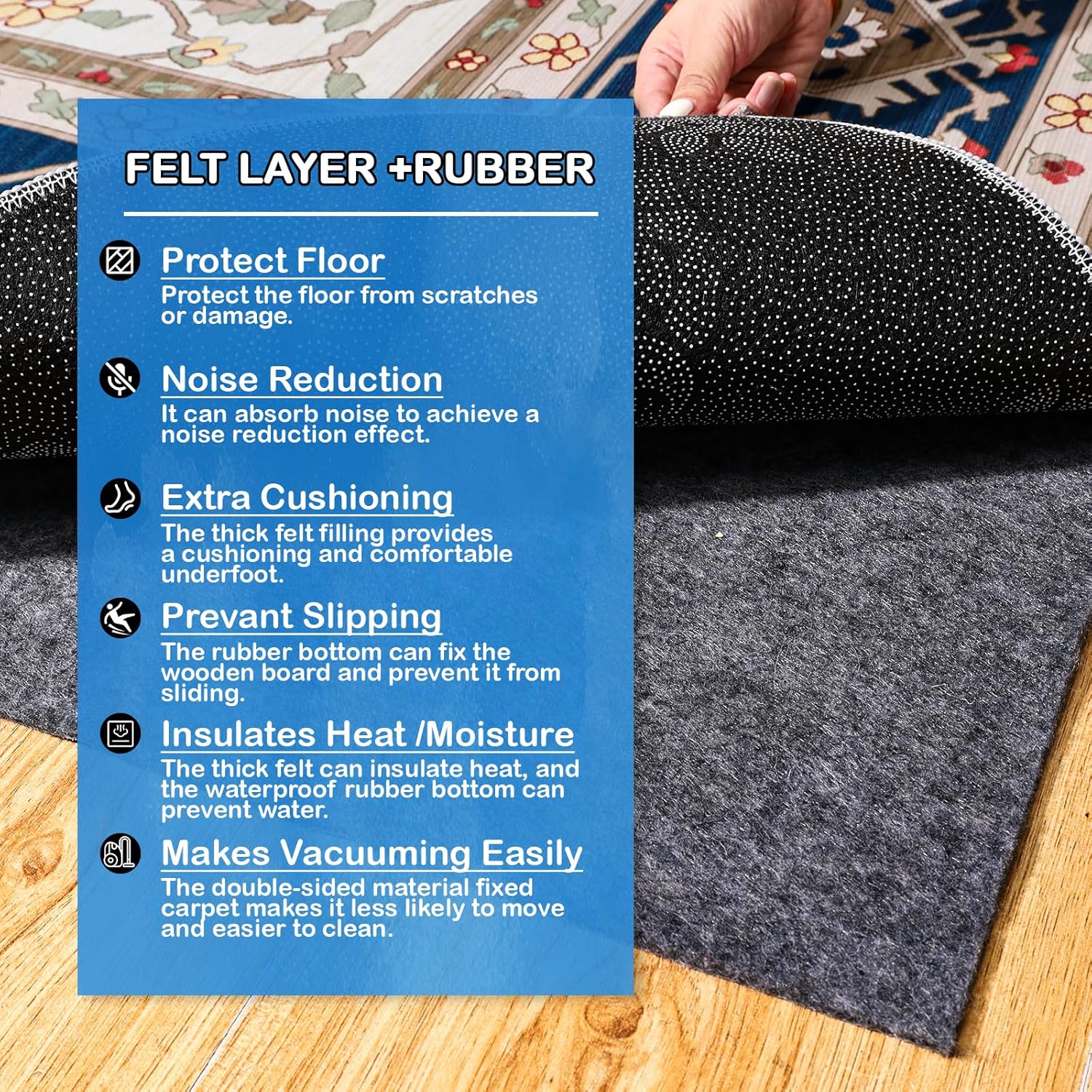 Non-Slip Rug Pads 1/4” Thick, 2x8Ft Waterproof Rugs Non Skid Rug Pad for All Floors and Finishes