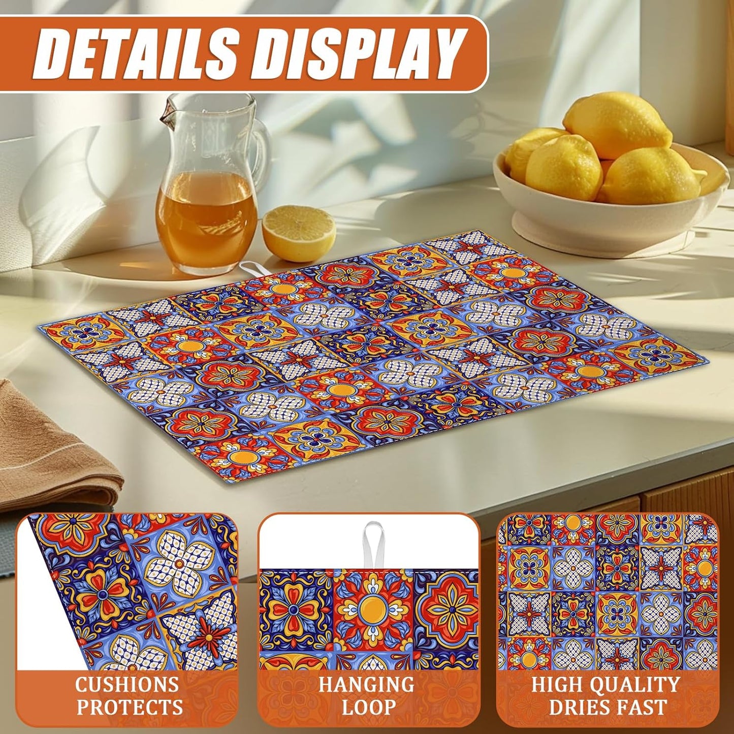 Talavera Mexican Tiles Dish Drying Mat for Kitchen Counter Microfiber Absorbent Dish Kitchen Drying