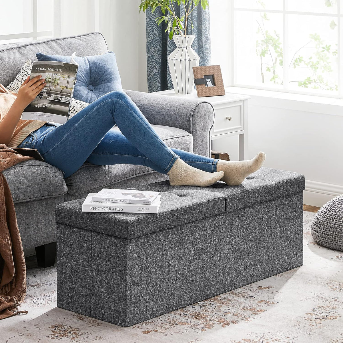 SONGMICS MAZIE Collection - 43 Inches Storage Ottoman, Foldable Storage Bench with Flipping Lid