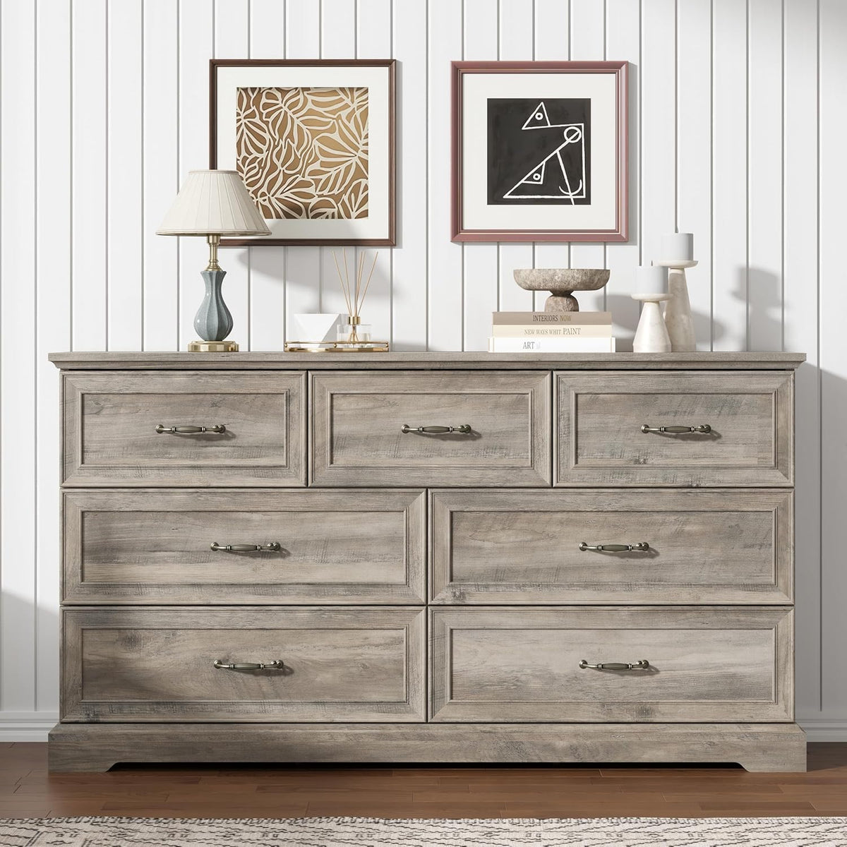 7 Drawer Dresser for Bedroom, 57" Wide Wooden Chest of Drawers, Rustic Farmhouse Dresser with Large