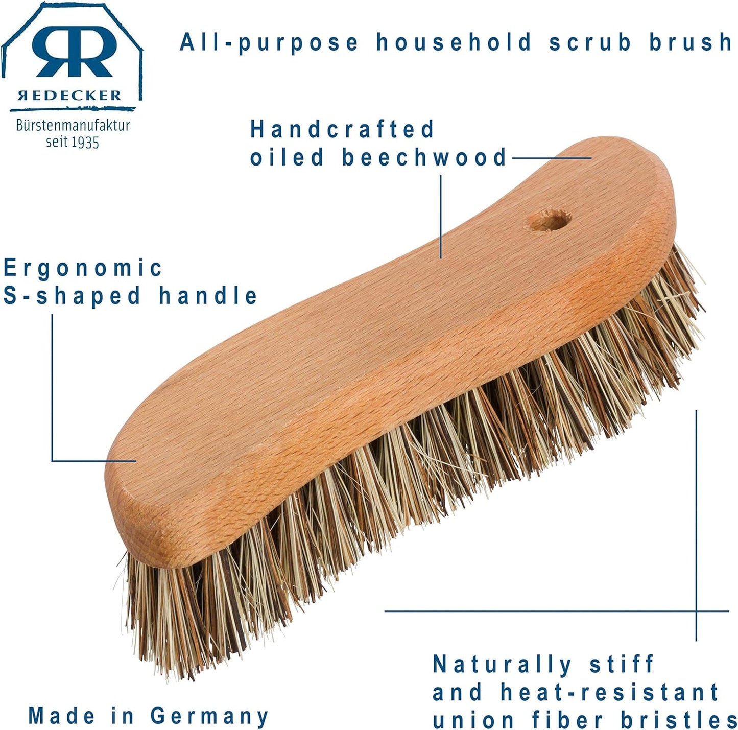 REDECKER S-Shaped Union Fiber Scrub Brush with Oiled Beechwood Handle, 8-1/4 inches, S-Shaped