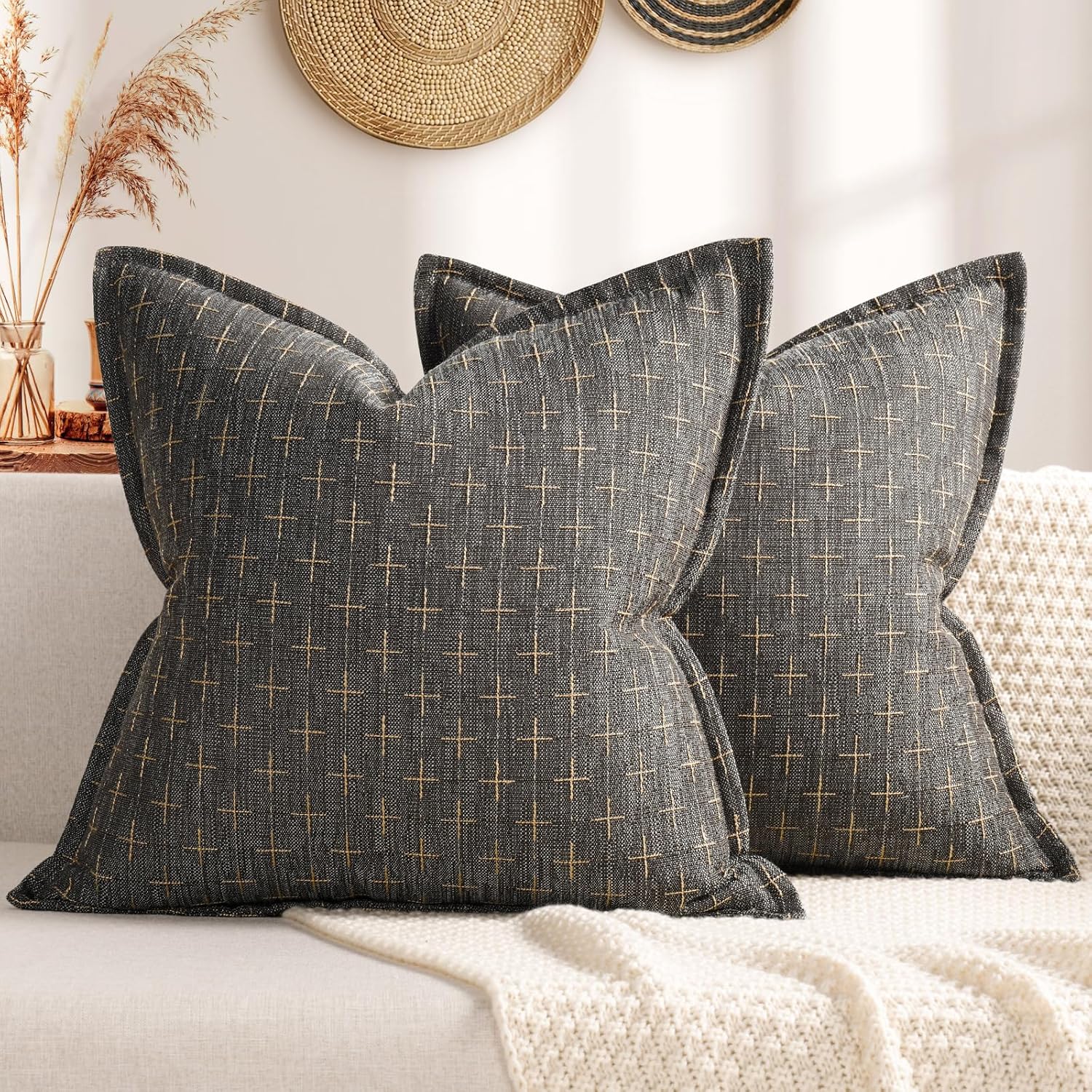 ZWJD Pillow Covers 16x16 Set of 2 Soft Polyester Textured Pillow Covers with Stylish Flange Edge