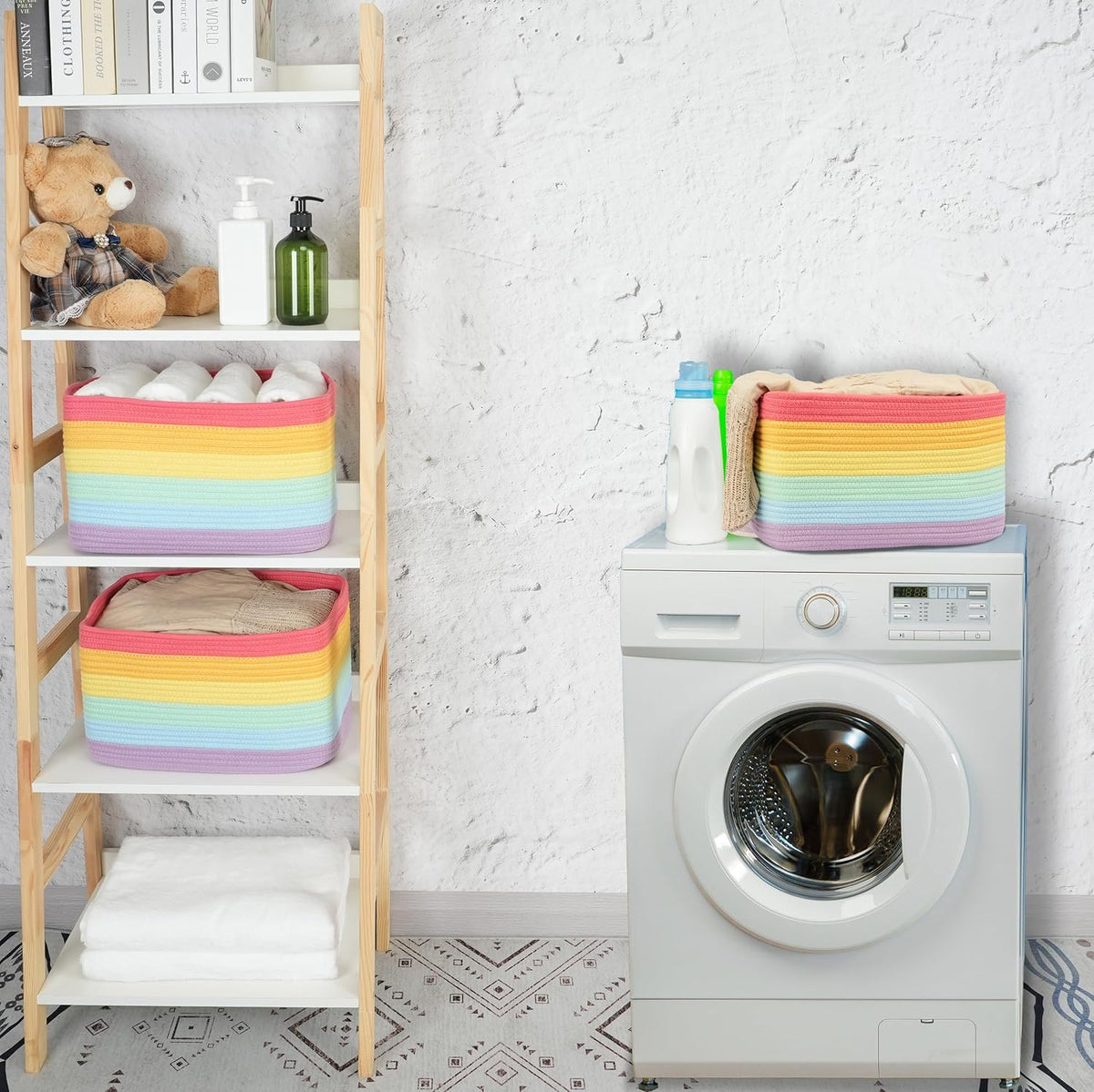 3-Pack Rainbow Storage Baskets 14.5X9.5X9.3“ – Woven Toy Organizer Bins for Kids, Baby Room