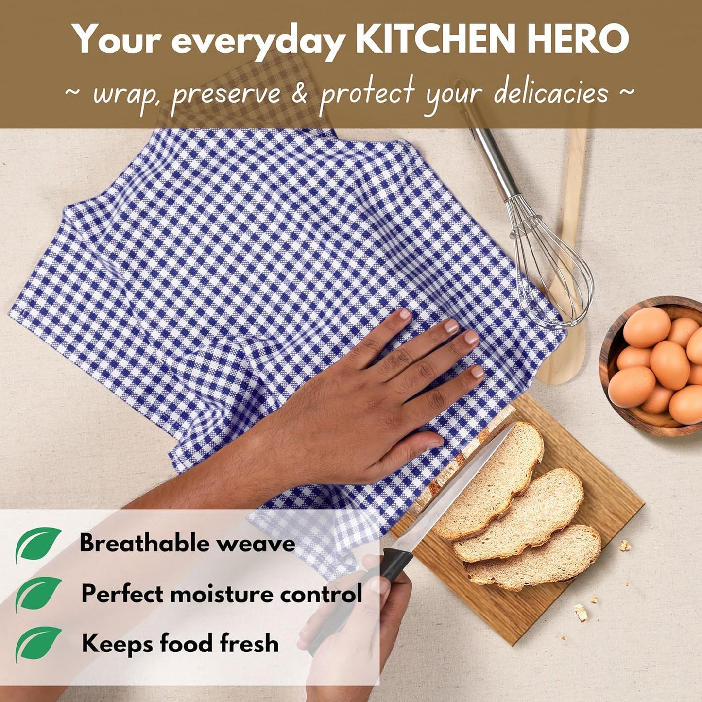 Native Fab 6 Pack Gingham Mini Check Kitchen Hand Towels Set 16"x26" - 100% Cotton Absorbent