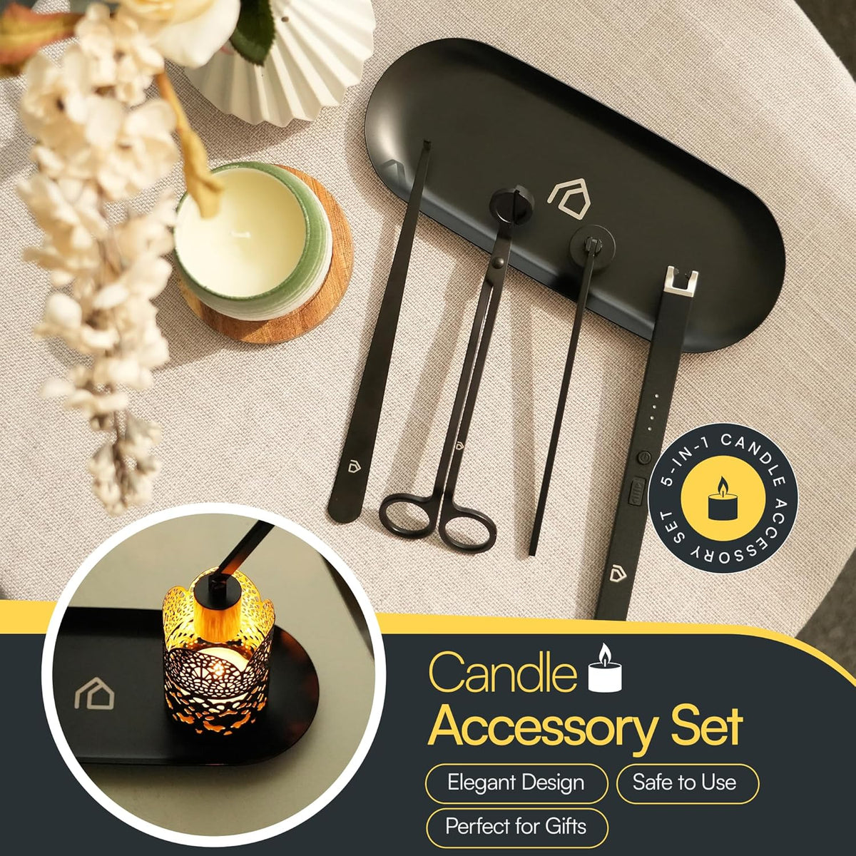Candle Accessory Set 5 in 1 Candle Care Kit with Wick Trimmer, Dipper, Snuffer, Rechargeable Candle