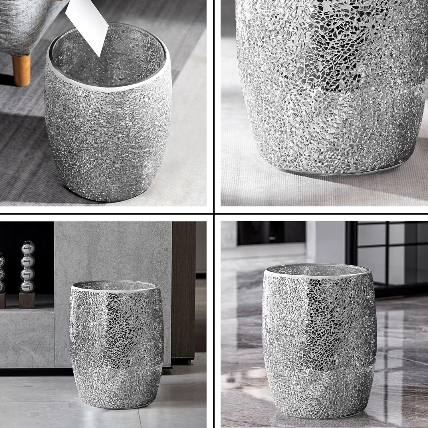 Escenzy Modern Bathroom Trash Can Silver Mosaic Glass 5L | 7" x 10" | Luxury Waste Basket for