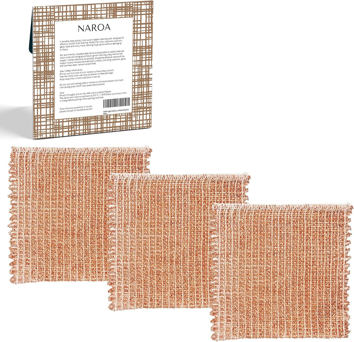Naroa Copper Scrubbing Pads 3 Pack | 2-Ply Non-Abrasive Metal Mesh Scrubber | Reusable Copper