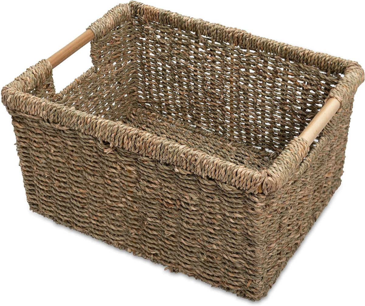 Large Wicker Storage Basket with Wooden Handles, Seagrass Basket for Shelves, Natural Wicker Bin