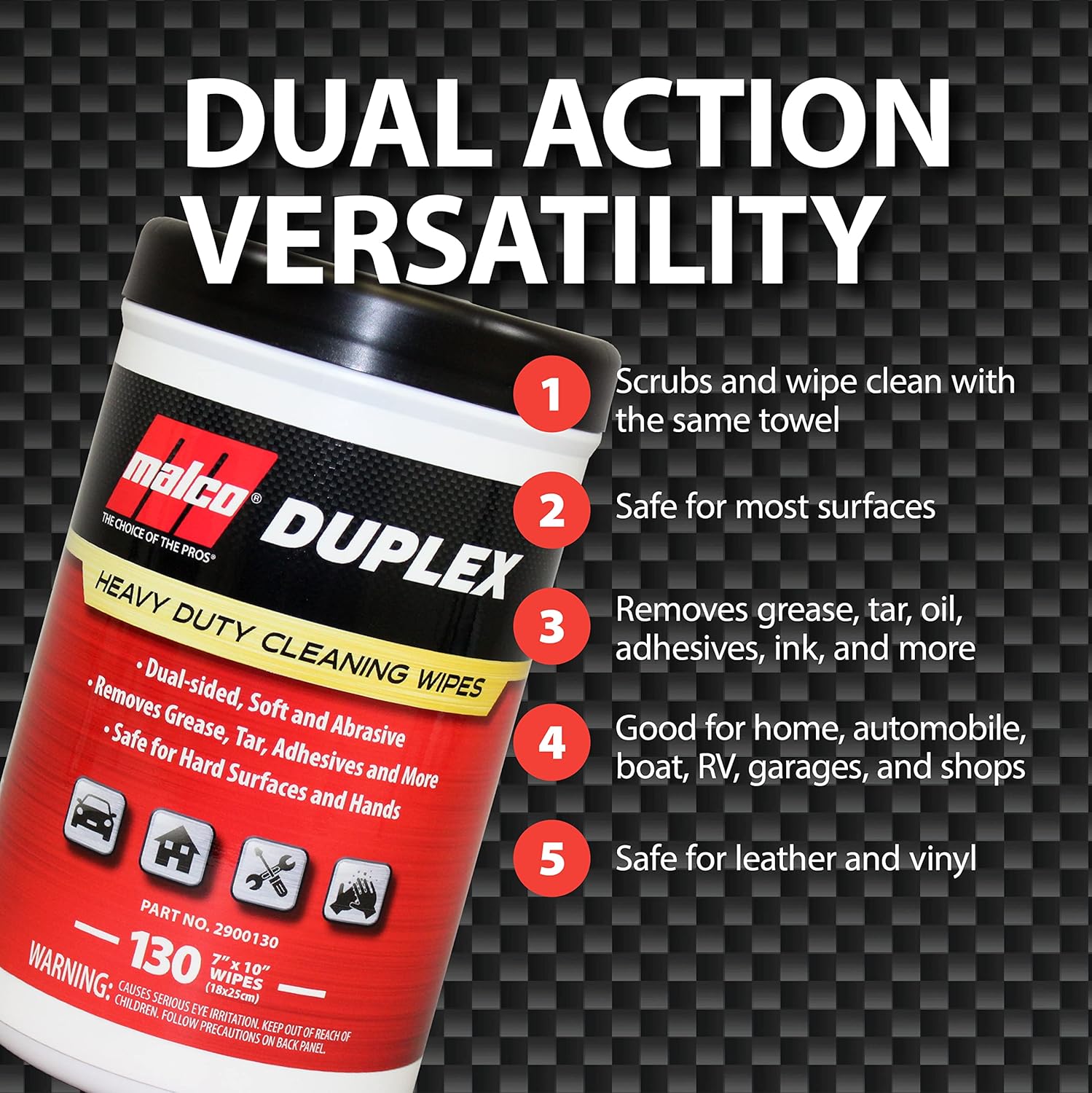 Malco Duplex Heavy Duty Cleaning Wipes for Home and Auto - Dual Sided Textured, Wet Wipe/Removes
