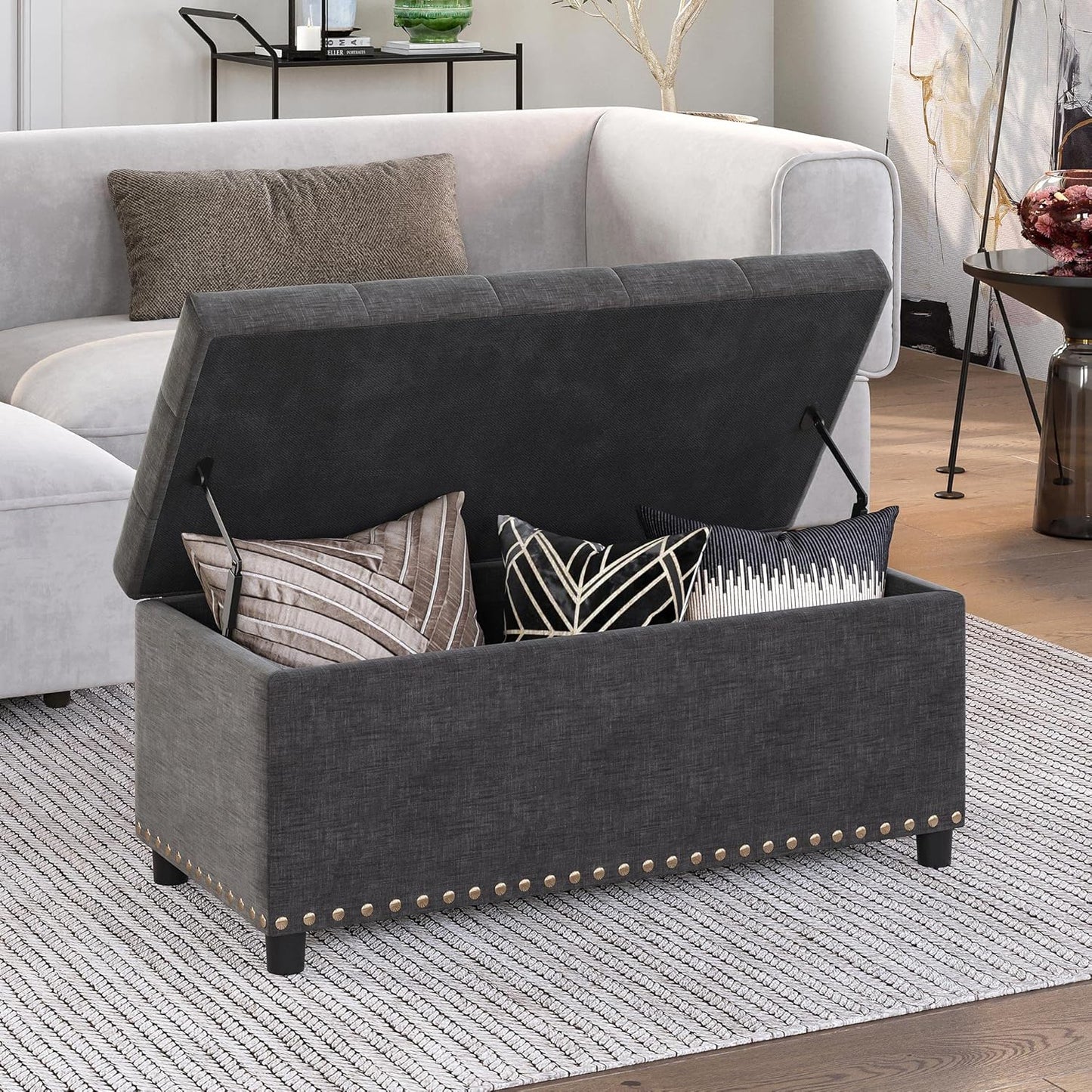 BELLEZE 35" Tufted Ottoman, Storage Bench with Safety Close Hinge, Ottoman with Storage for Living