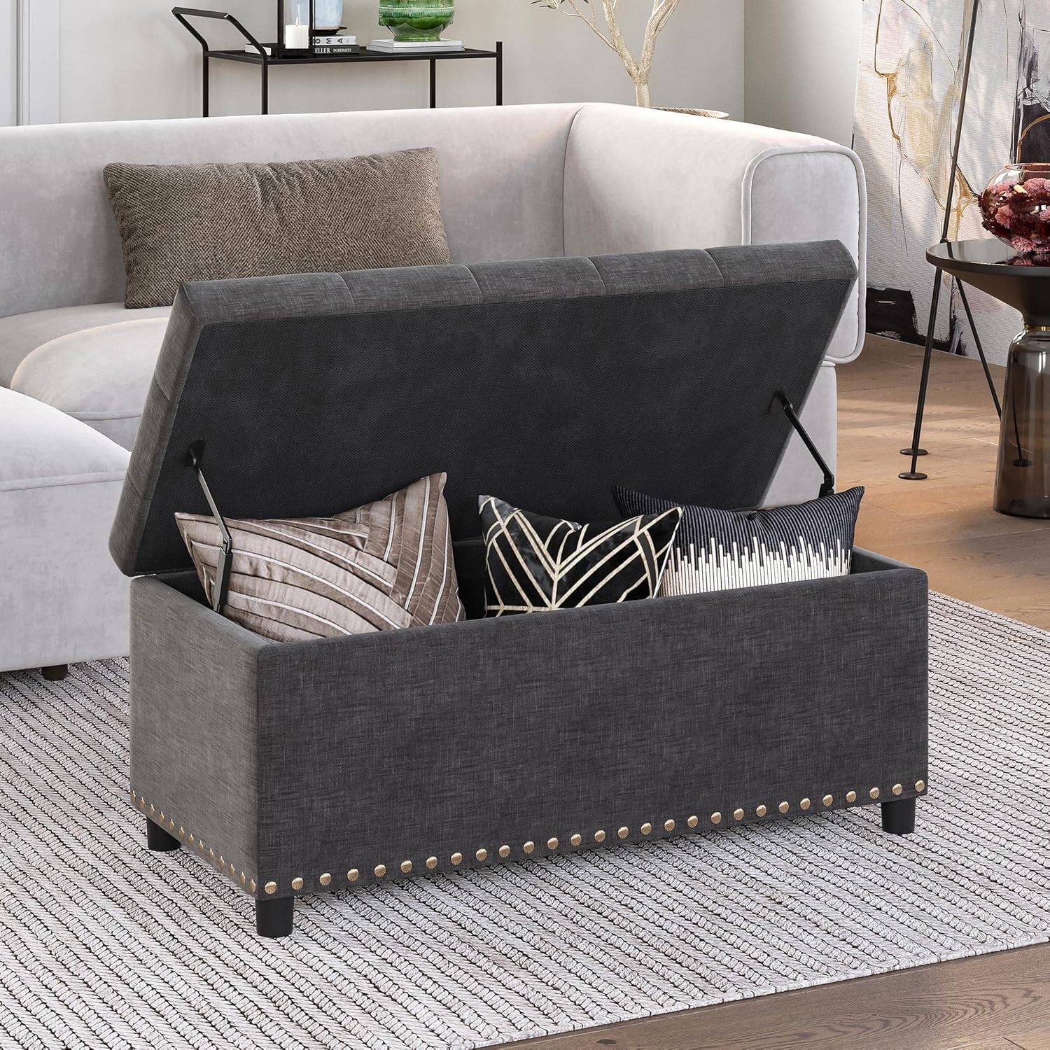 BELLEZE 35" Tufted Ottoman, Storage Bench with Safety Close Hinge, Ottoman with Storage for Living