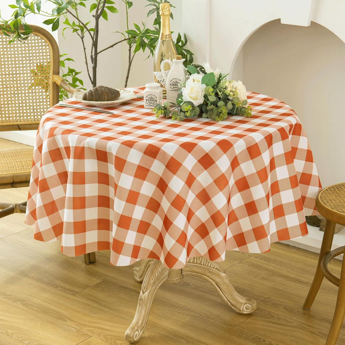 Waterproof Plaid Tablecloth Fabric - Round 58 Inch Classic Gingham Checker Table Cloth for