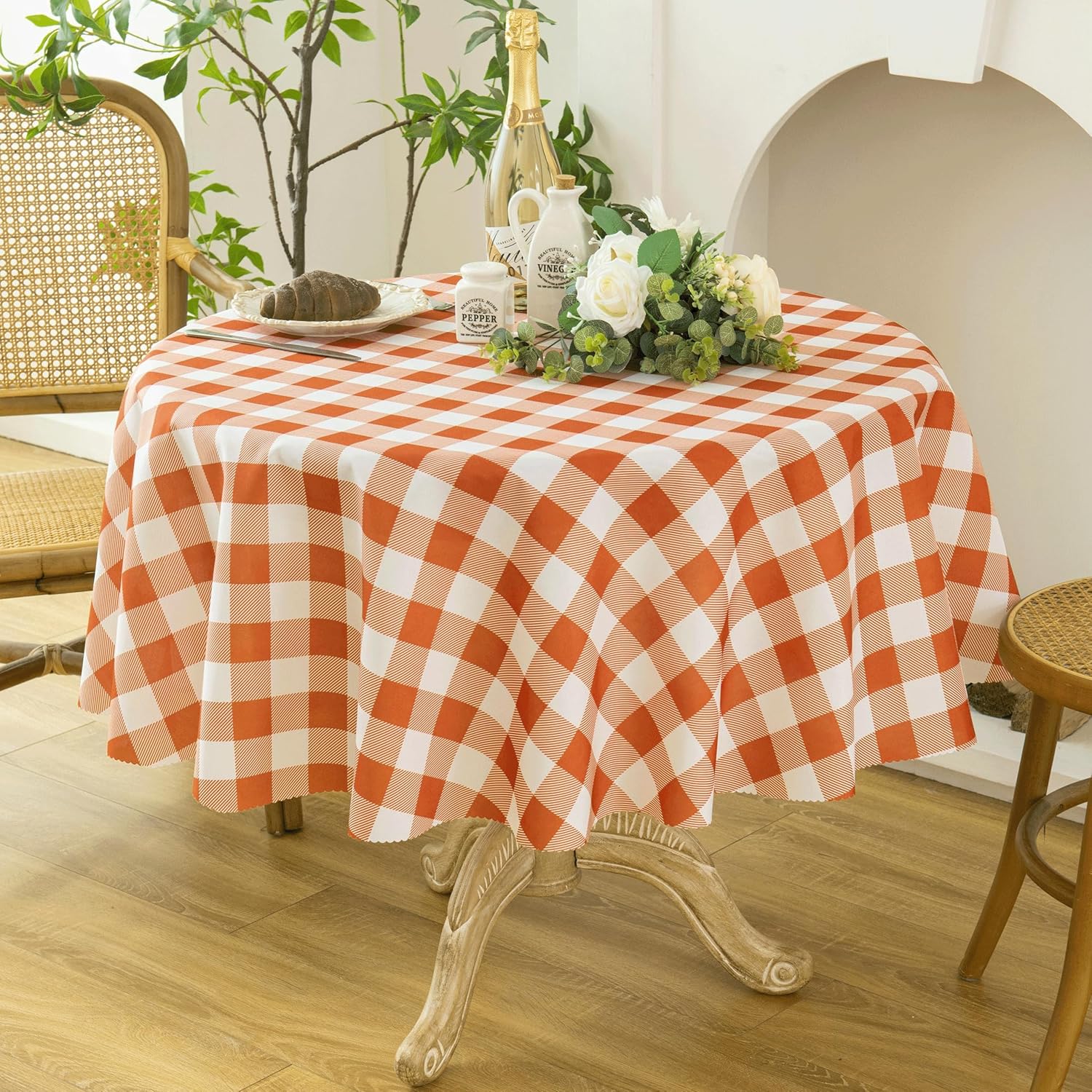 Waterproof Plaid Tablecloth Fabric - Round 58 Inch Classic Gingham Checker Table Cloth for