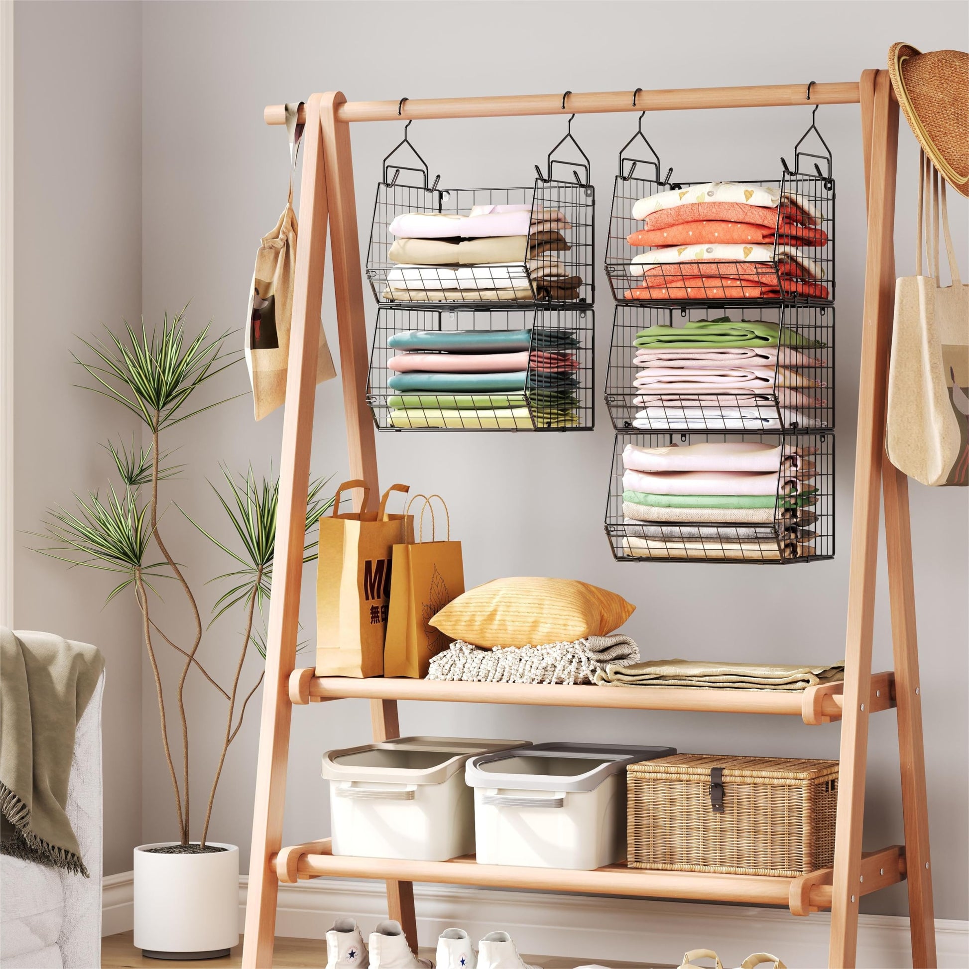 X-cosrack 5 Tier Closet Hanging Organizer, Clothes Hanging Shelves with 4 Hanging Hooks 5 S Hooks