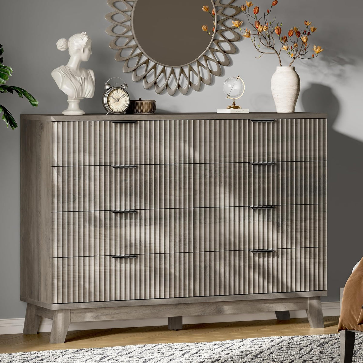 Fluted Dresser with 8 Drawers, 54" Wide Wood Chest of Drawers with Metal Handle, Wooden Dresser TV