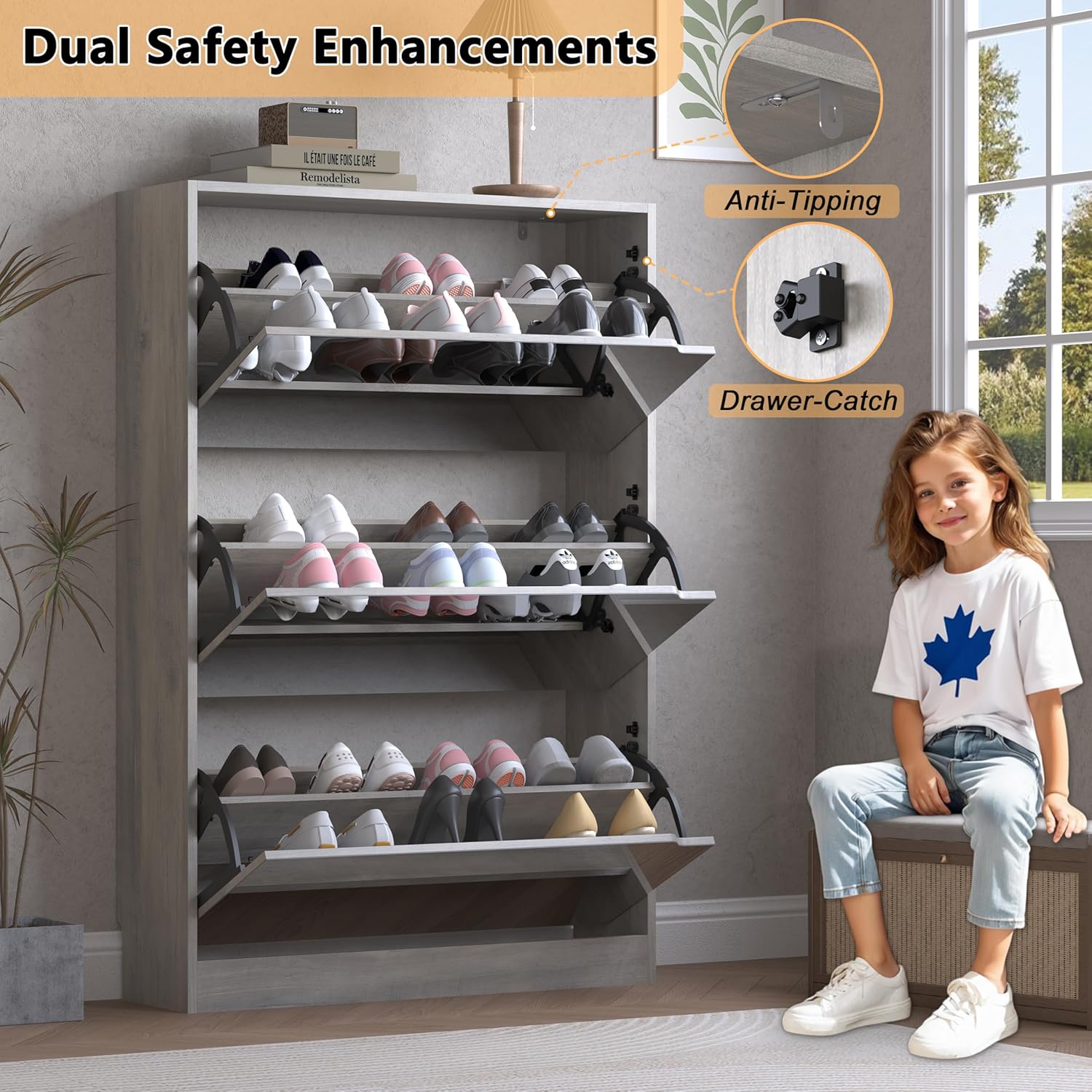Shoe Cabinet with 3-Flip Mirror Drawers, Freestanding Shoe Rack Organizer with Hidden Handle, Slim