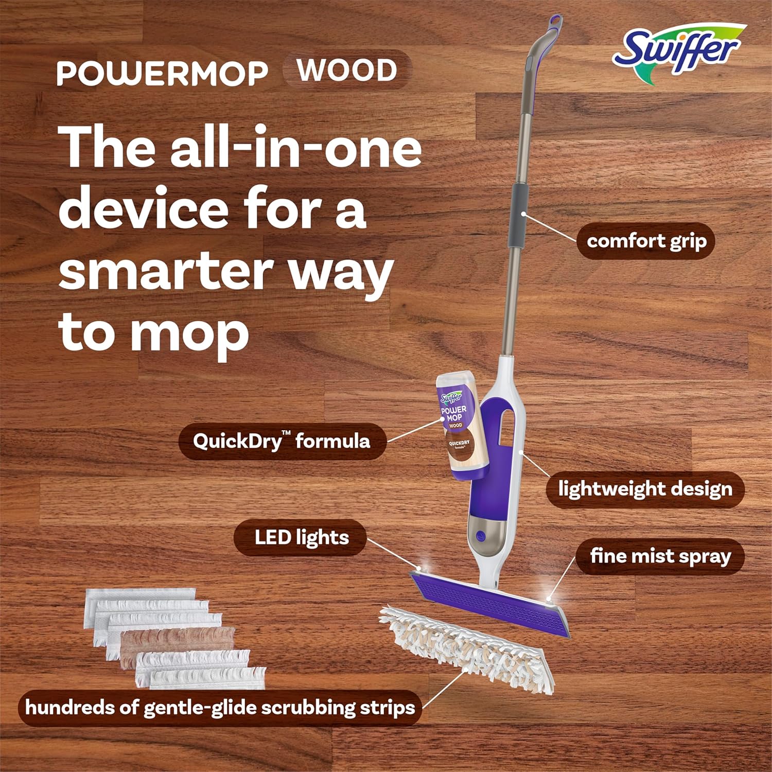 Swiffer Power Mop Wood, Hardwood Floor Cleaner for Mopping Home, Bathroom, Kitchen, All Purpose