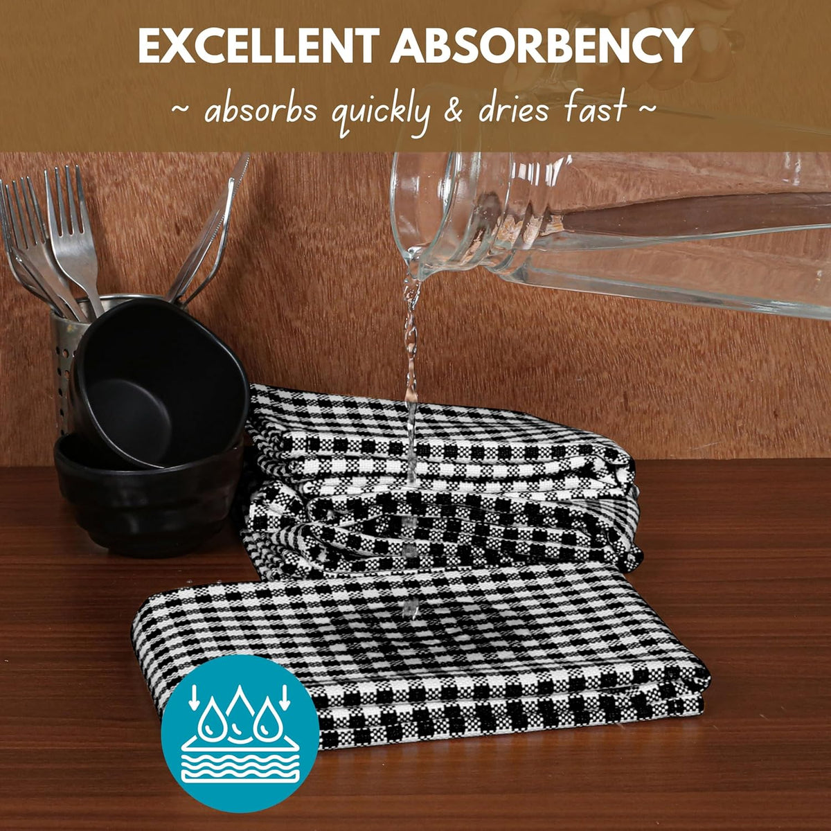 Native Fab Black Gingham Dish Towels 16"x26" Set of 12 - Cotton Mini Check Plaid Towels, Soft