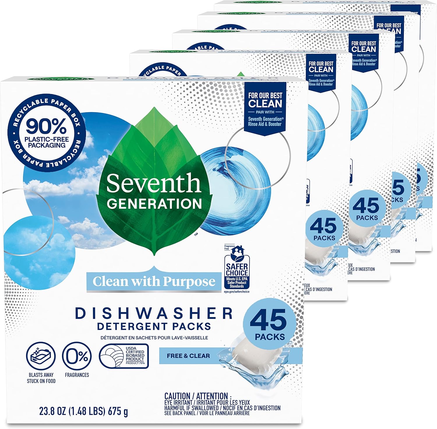 Seventh Generation Dishwasher Detergent Packs Free & Clear Pack of 5 for sparkling dishes