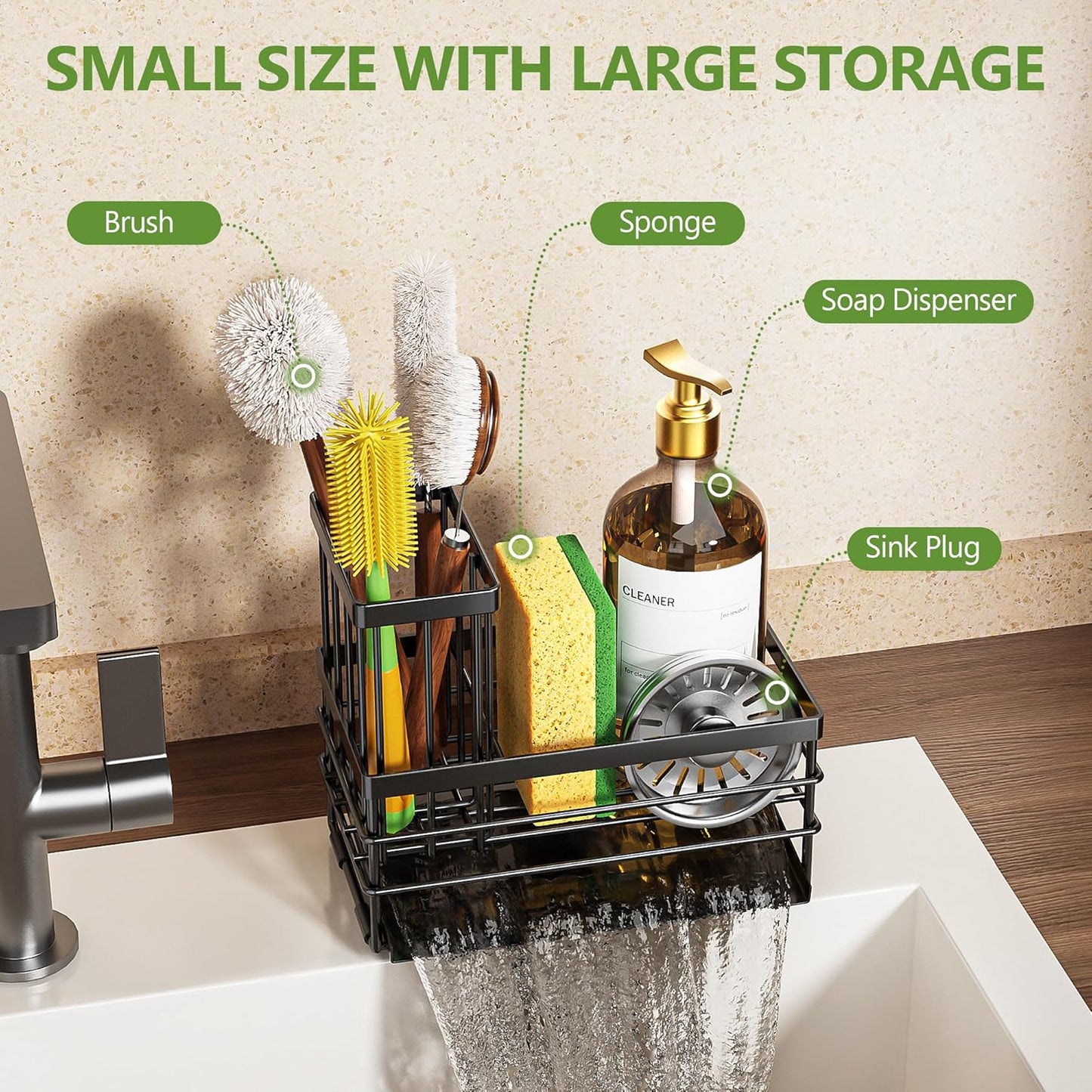 Cisily Sink Caddy Sponge Holder for Kitchen with Brush Holder and Stainless Steel Self Drain Tray