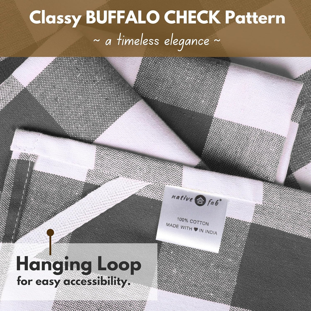 Native Fab 6-Pack Kitchen Towel with Hanging Loop 16x26 inches, Cotton Buffalo Check Kitchen Towels