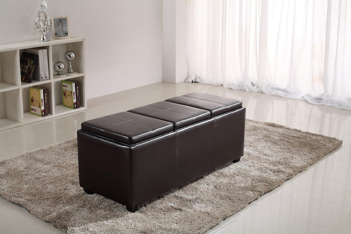 SIMPLIHOME Avalon 42 inch Wide Contemporary Rectangle Storage Ottoman in Tanners Brown Vegan Faux