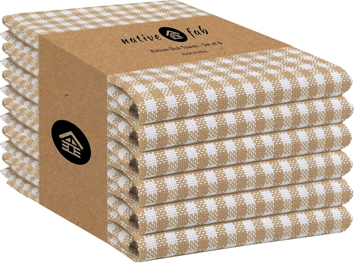 Native Fab 6 Pack Gingham Mini Check Kitchen Hand Towels Set - 100% Cotton Absorbent Reusable