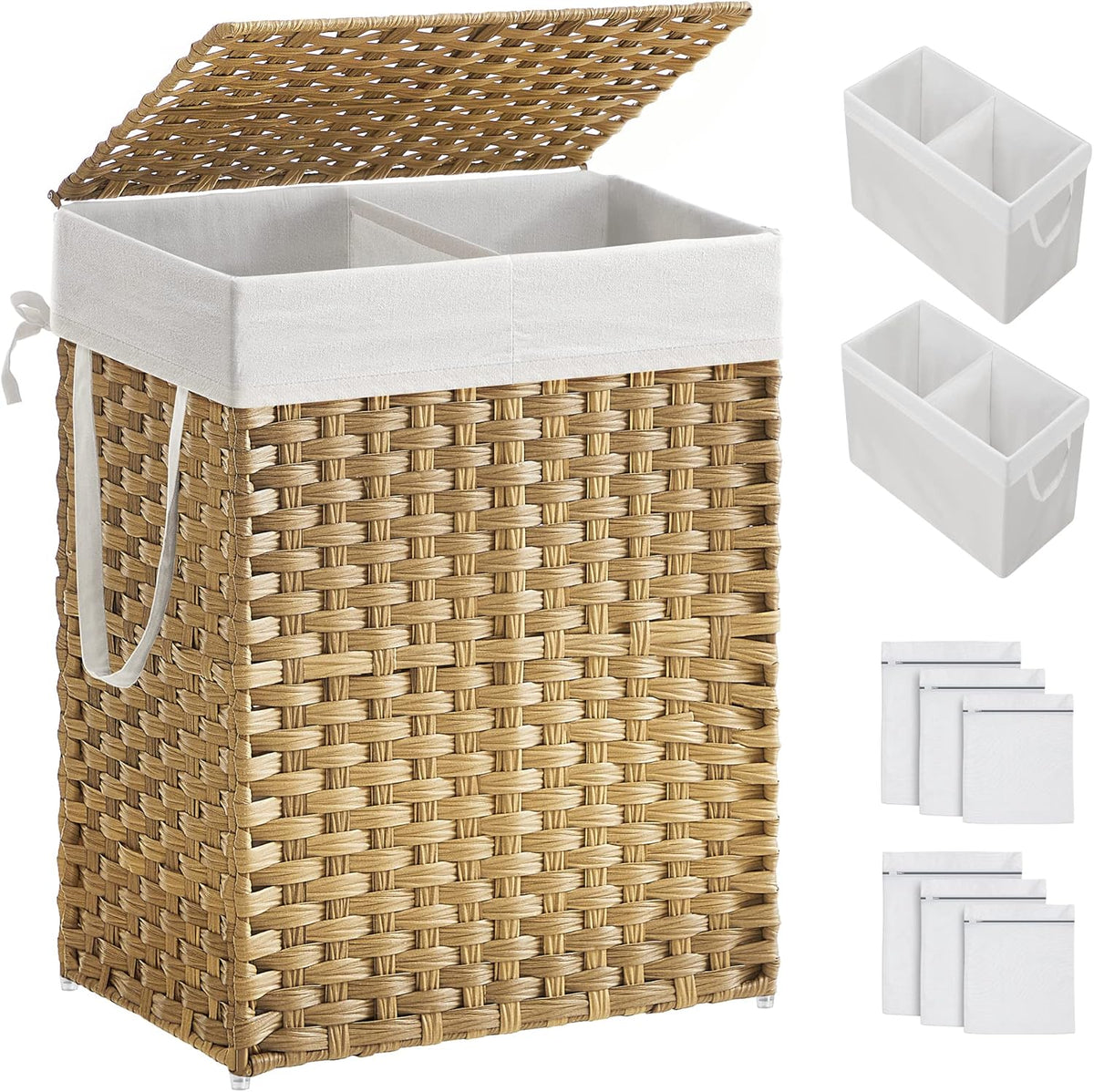 SONGMICS Laundry Hamper with Lid, 90L Clothes Hamper with 2 Removable Liner Bags, 6 Mesh Bags