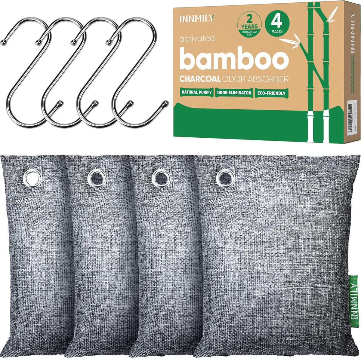Activated Charcoal Odor Absorber,Large 4x200g w Hooks Nature Odor Eliminator for Strong Odor,Bamboo