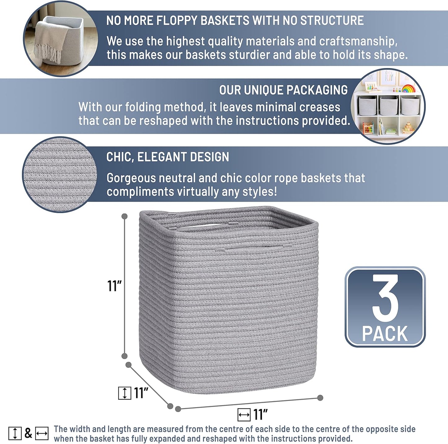 NaturalCozy Storage Cubes 11 Inch Cotton Rope Woven Baskets for Organizing, 3-Pack | Cube Storage