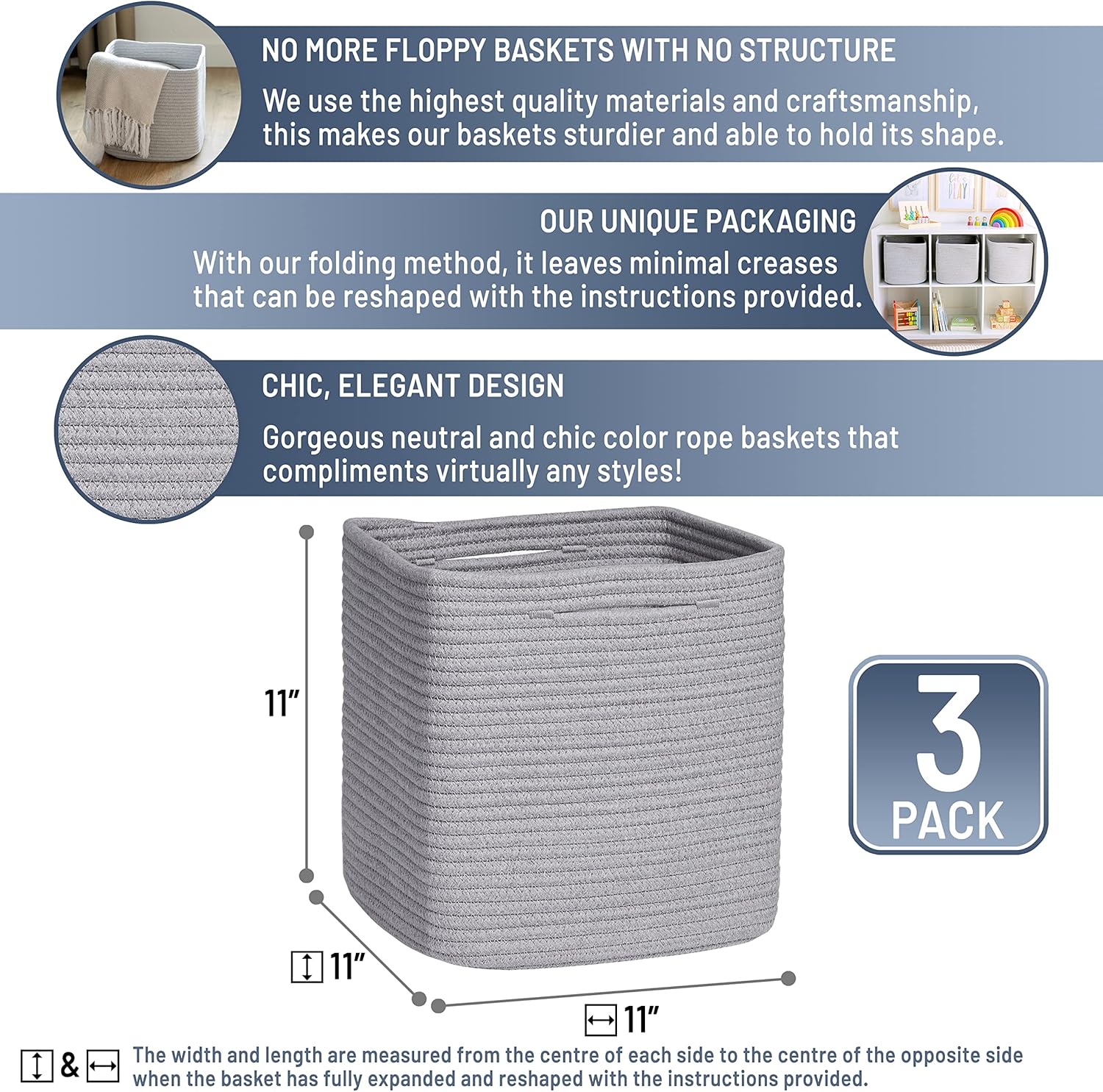 NaturalCozy Storage Cubes 11 Inch Cotton Rope Woven Baskets for Organizing, 3-Pack | Cube Storage