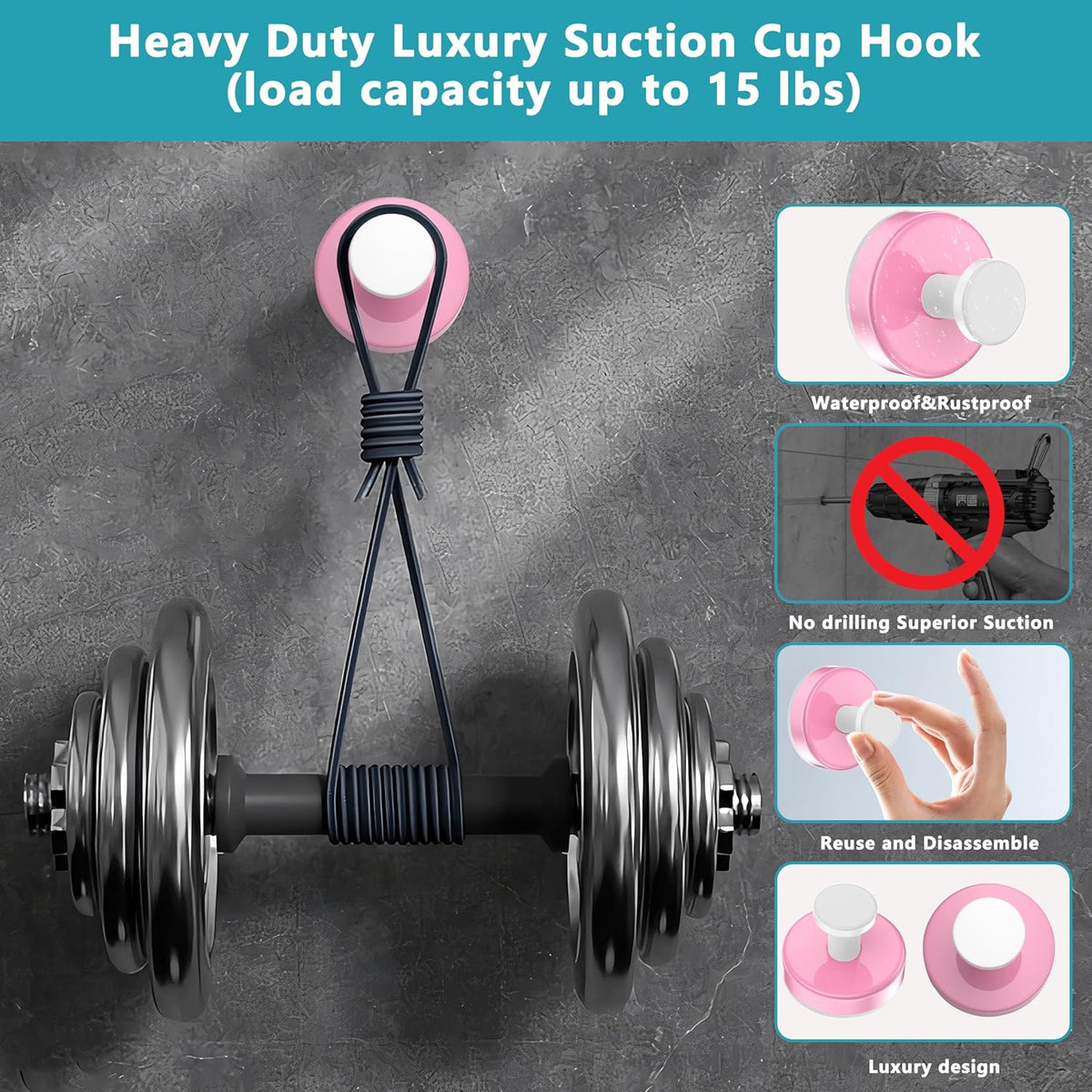 Suction Cup Hooks for Shower,Removable No Drill Towel Hooks,Upgraded 15 lbs Strong Suction hooks