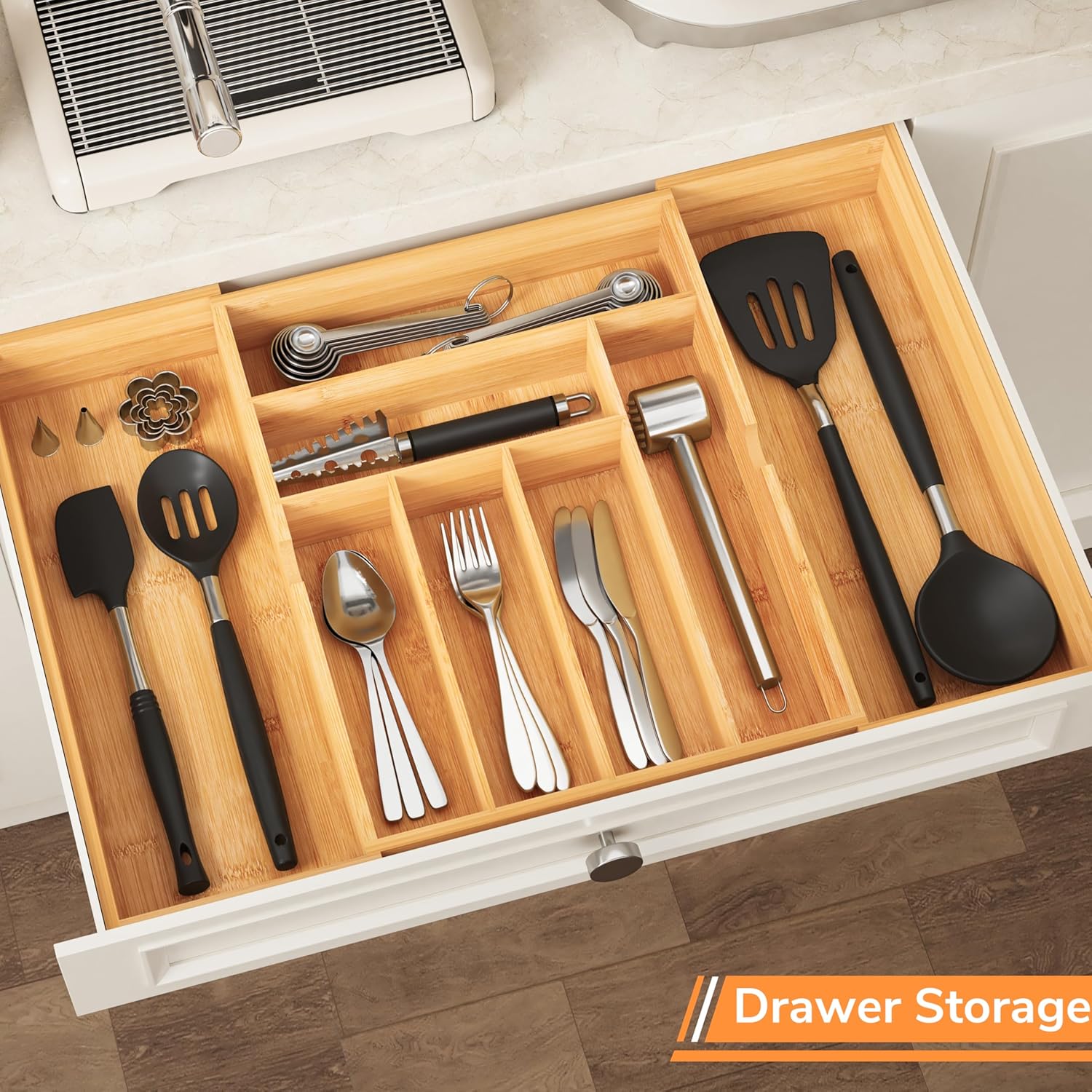 BAMEOS 3" Deepth Expandable Drawer Organizer, Deep Flatware Organizer, Adjustable Silverware