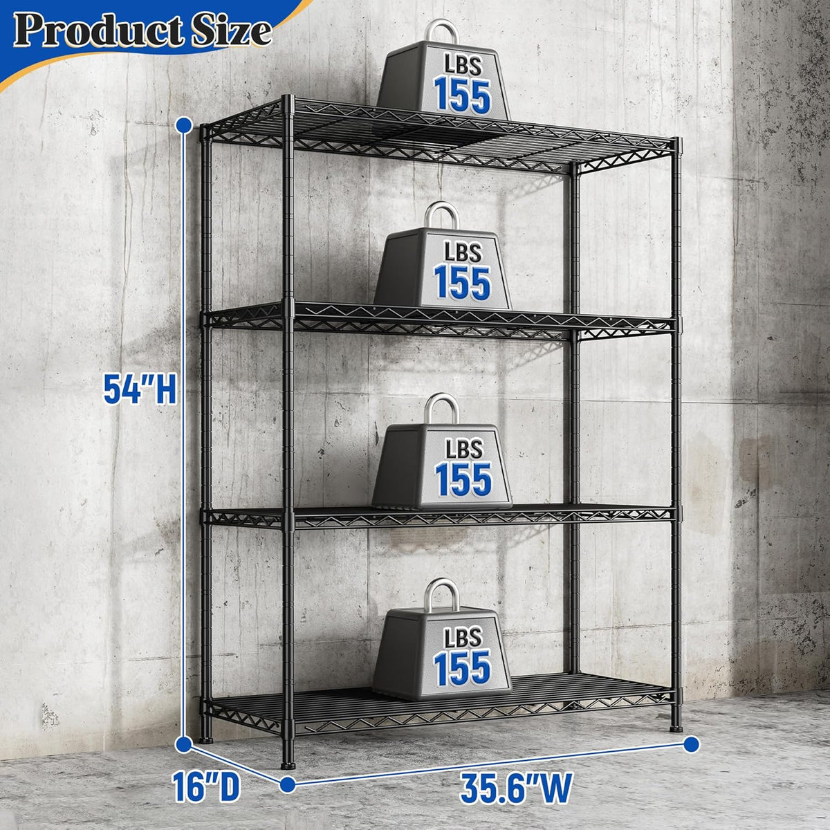 4- Shelf Metal Shelving Unit Adjustable Storage Shelves Heavy Duty Garage Shelving Steel Wire