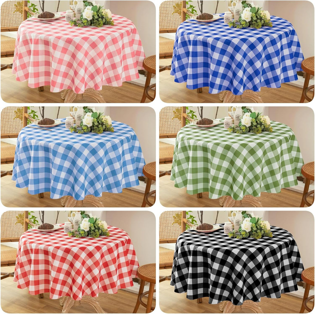 Waterproof Plaid Tablecloth Fabric - Round 58 Inch Classic Gingham Checker Table Cloth for