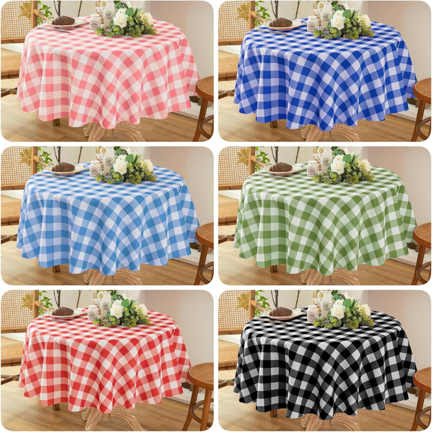 Waterproof Plaid Tablecloth Fabric - Round 25 Inch Classic Gingham Checker Table Cloth for