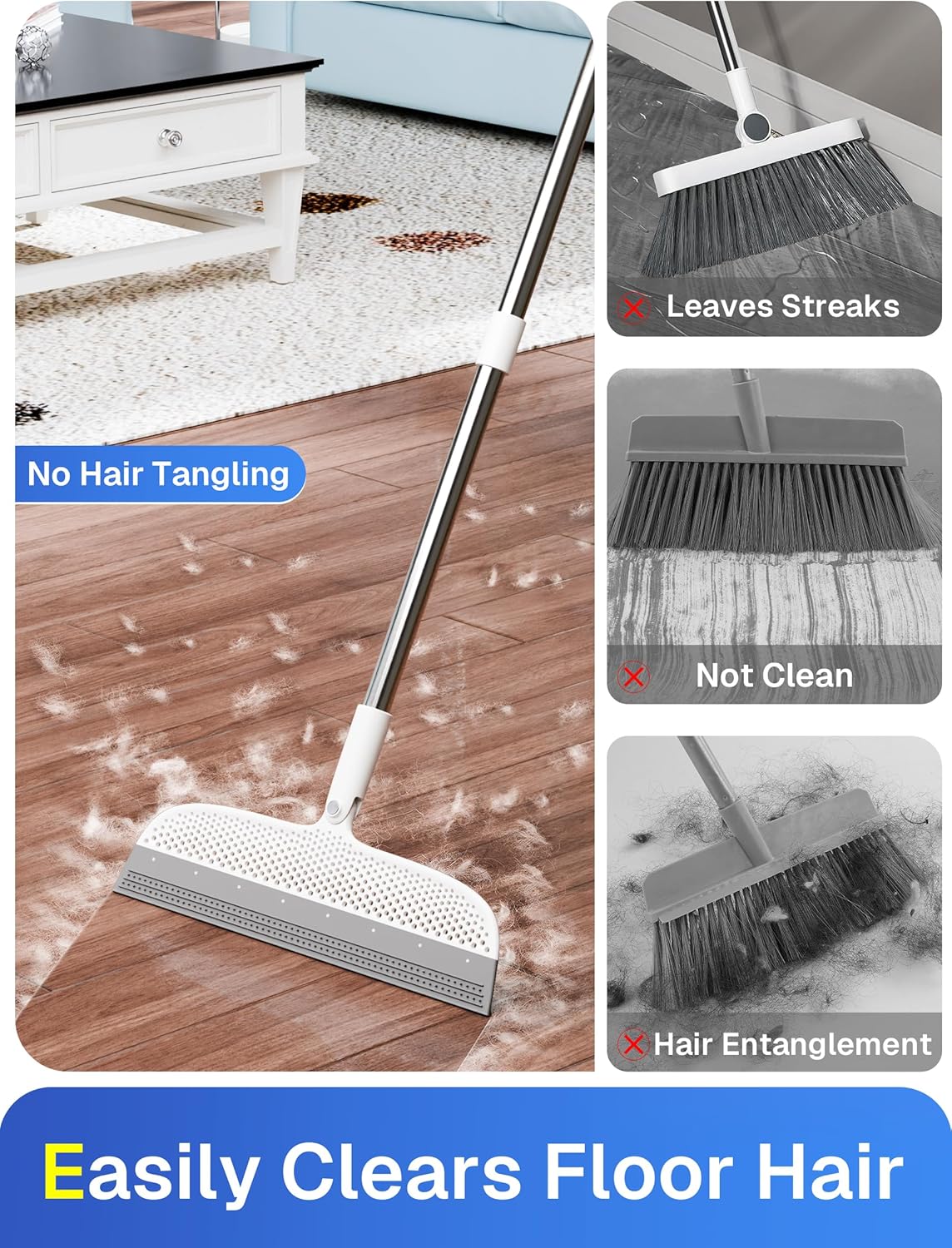 Floor Squeegee & Broom with Long Handle, 180° Rotating Head Silicone Blade Removes Water & Pet Hair