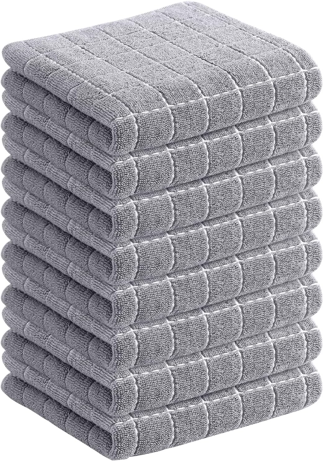 Homaxy 100% Cotton Terry Kitchen Towels(Light Grey, 13 x 28 inches), Checkered Designed, Soft and
