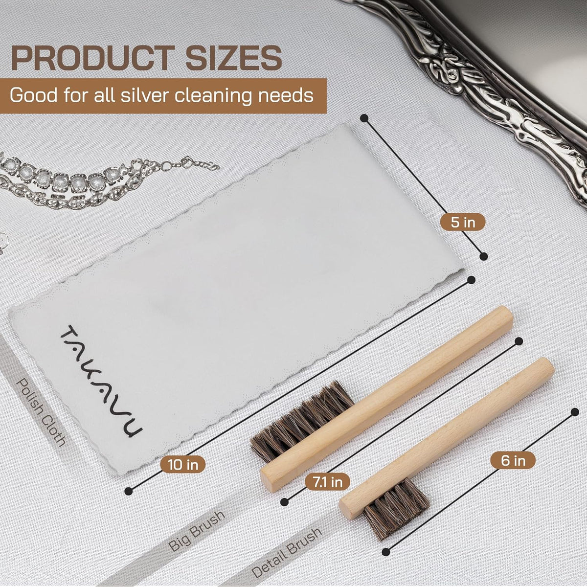 TAKAVU Horsehair Detail Brush Set, Silver Cleaning Brushes & Polish Cloth for Silverware Plateware