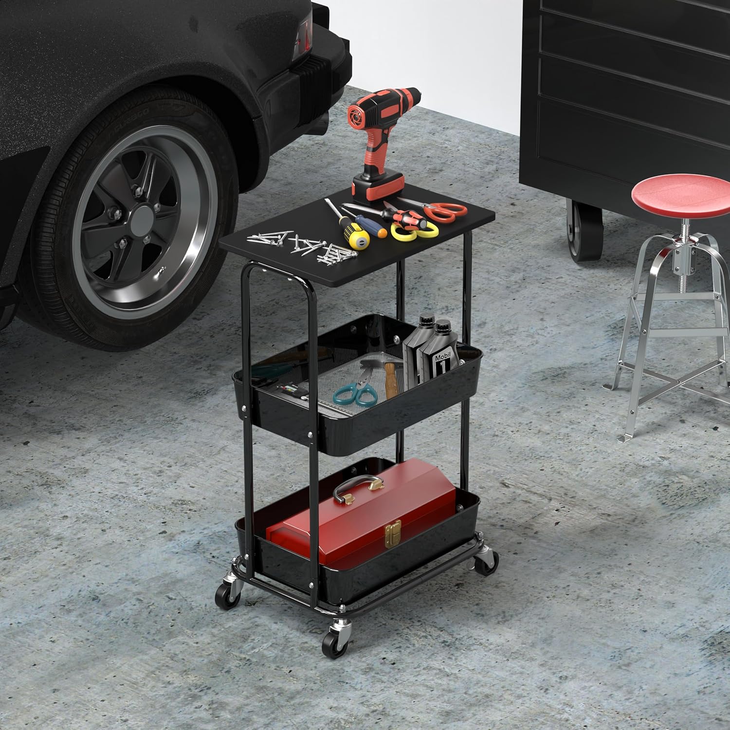 Simple Houseware 2-Tier Rolling Utility Cart with Lockable Wheels and Wood Top, Metal Storage