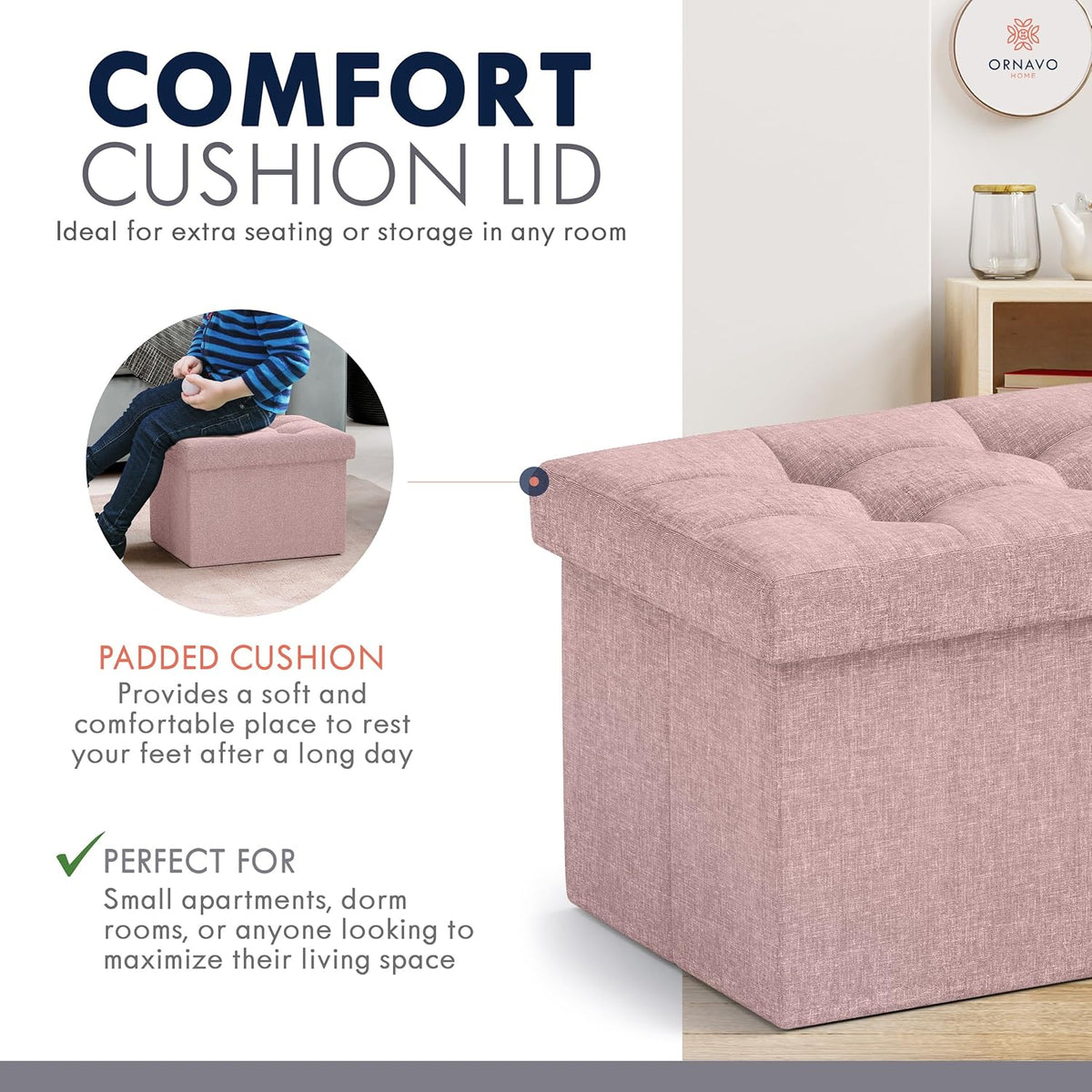 Ornavo Home Small Storage Ottoman Foldable Collapsible Rectangle Linen Ottoman Foot Rest Stool