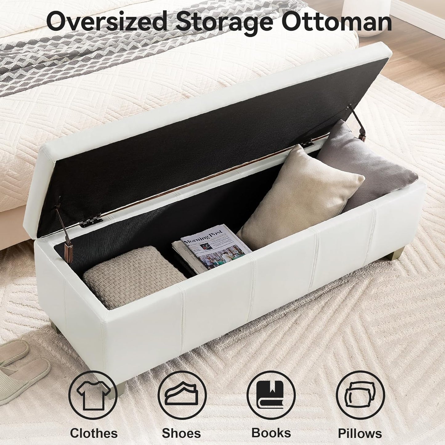 51" Faux Leather Storage Ottoman, Stitch Tufted Rectangle Upholstered End of Bed Storage Bench