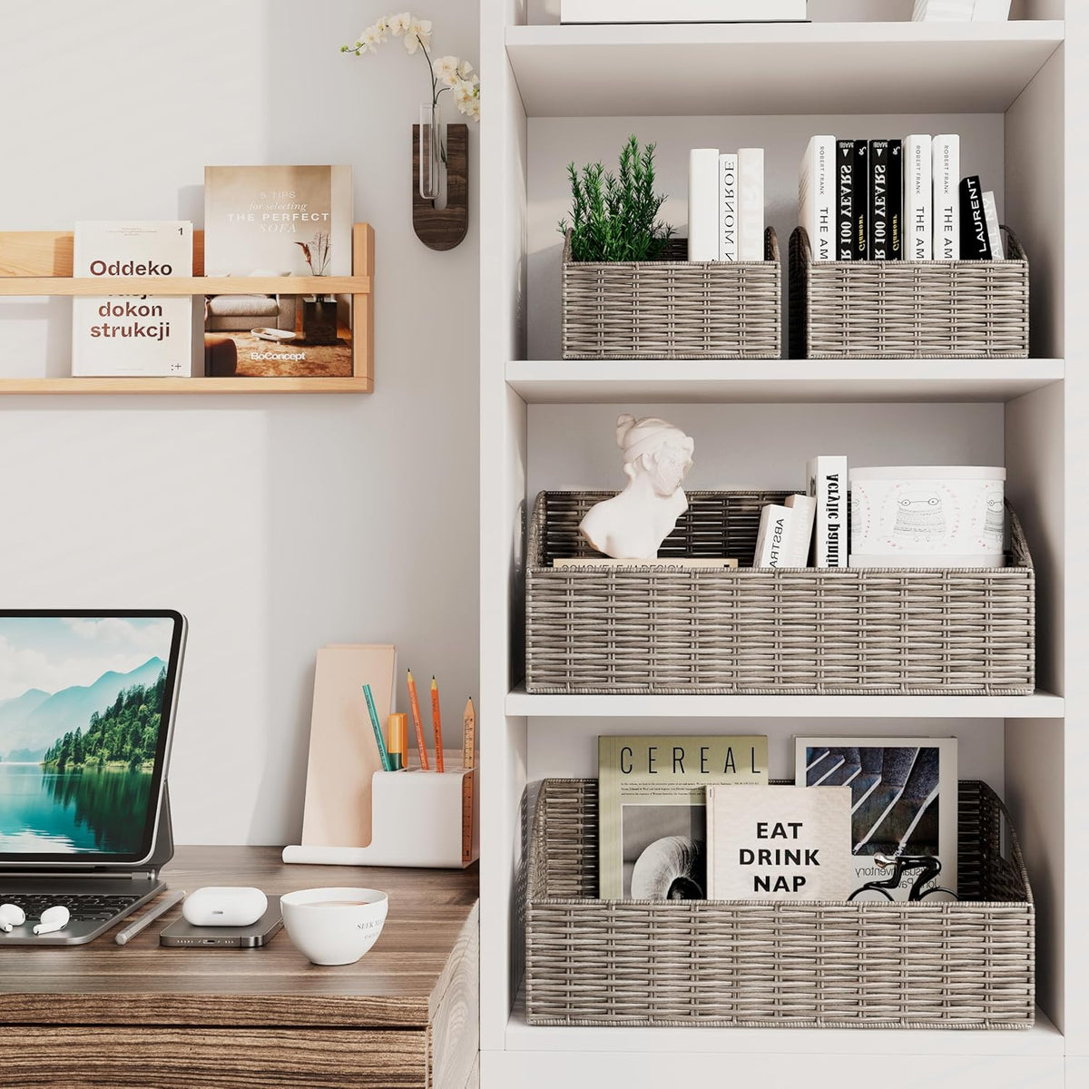 Ollieroo Rattan Storage Baskets, Handwoven Wicker Storage Bins with Built-in Handles, Storage