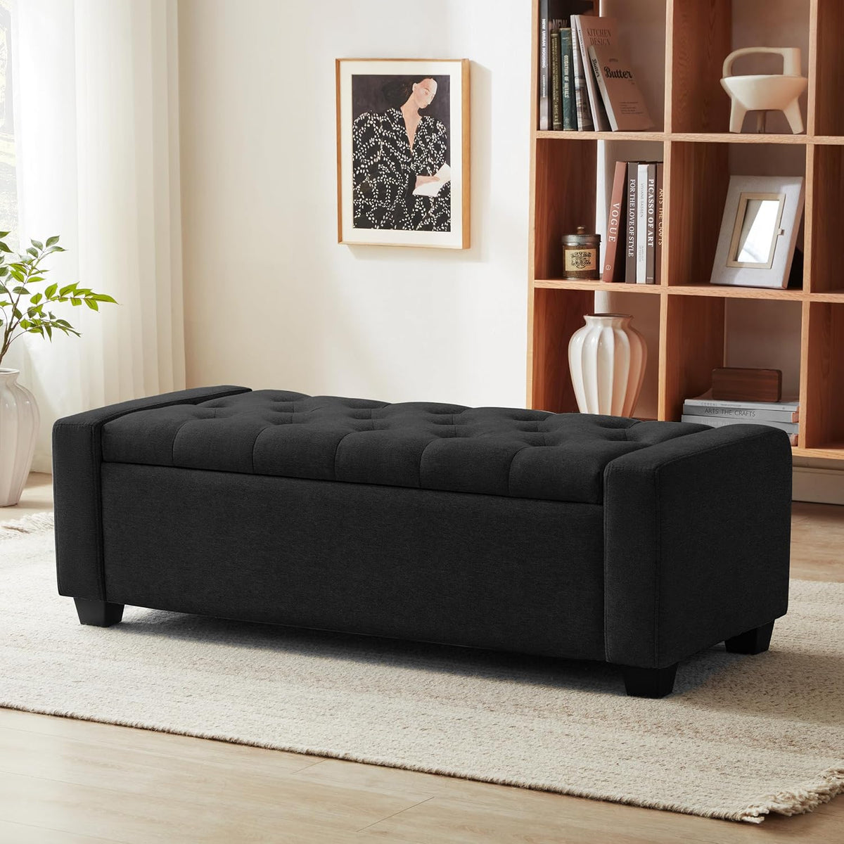 48" Ottoman with Storage, Black Storage Ottoman Bench with Safety Hinge, Upholstered Entryway Bench