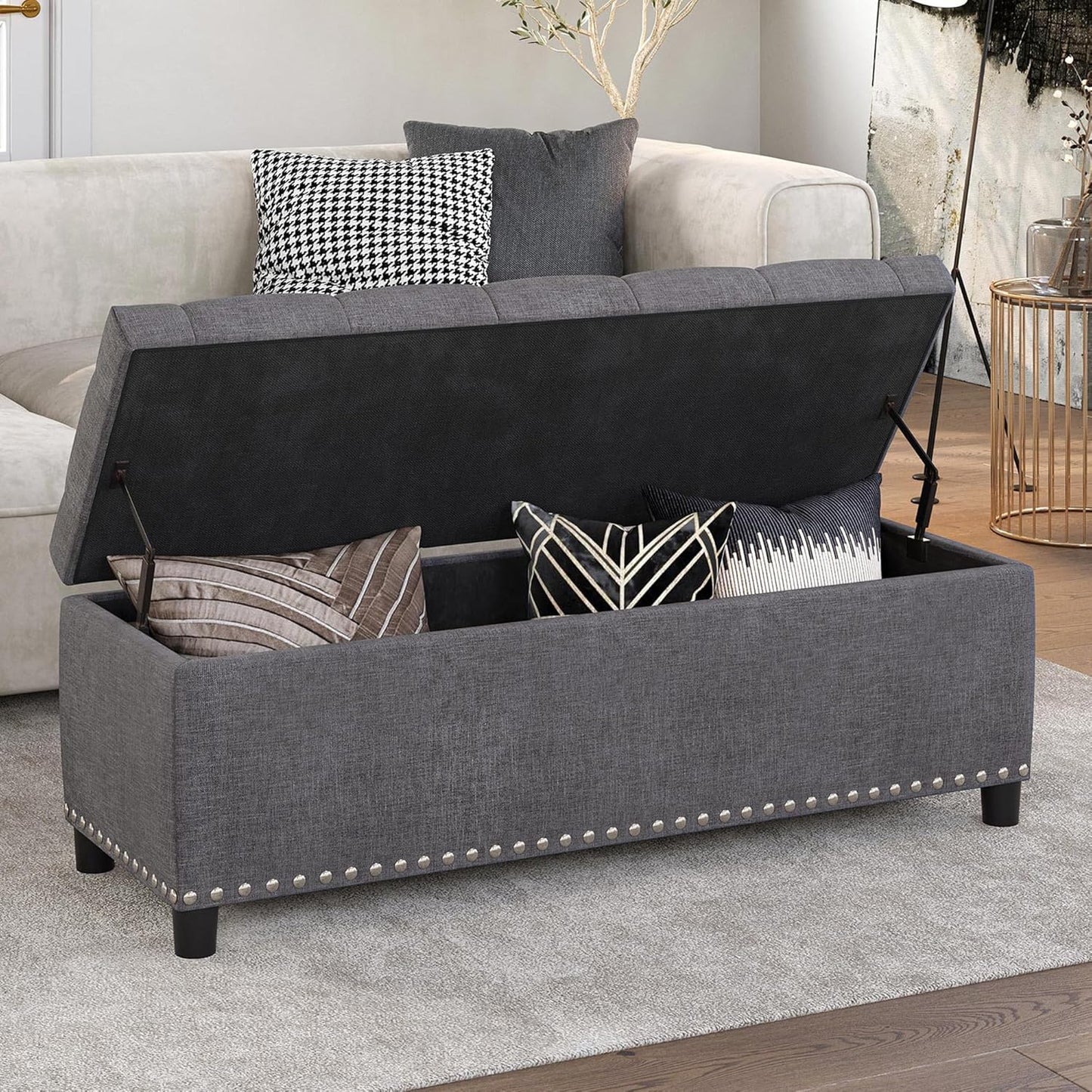 BELLEZE 47" Storage Ottoman, Storage Bench with Safety Close Hinge, Linen Button-Tufted Ottoman for