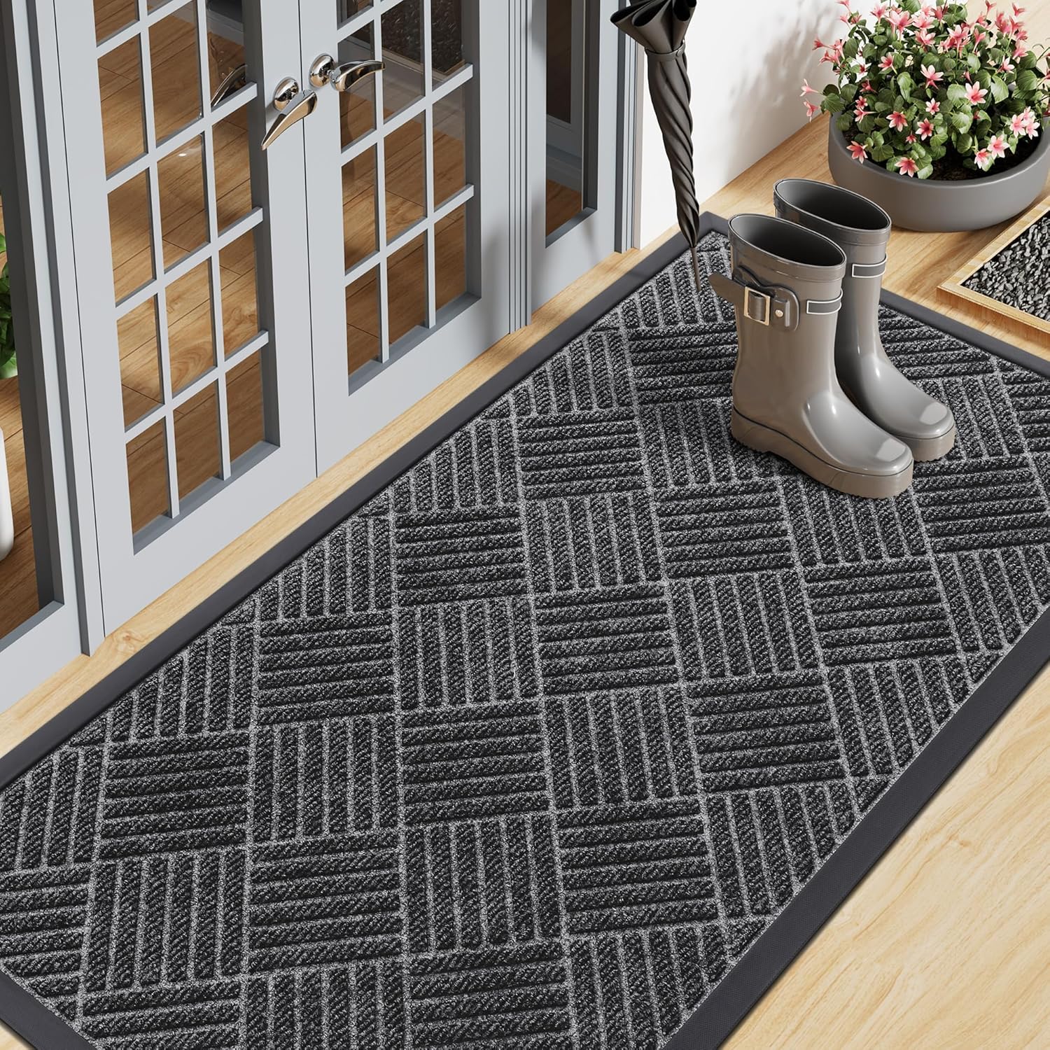 Smiry Front Door Mat Outside Entrance, Heavy Duty Outdoor Indoor Natural Rubber Doormat, Non Slip