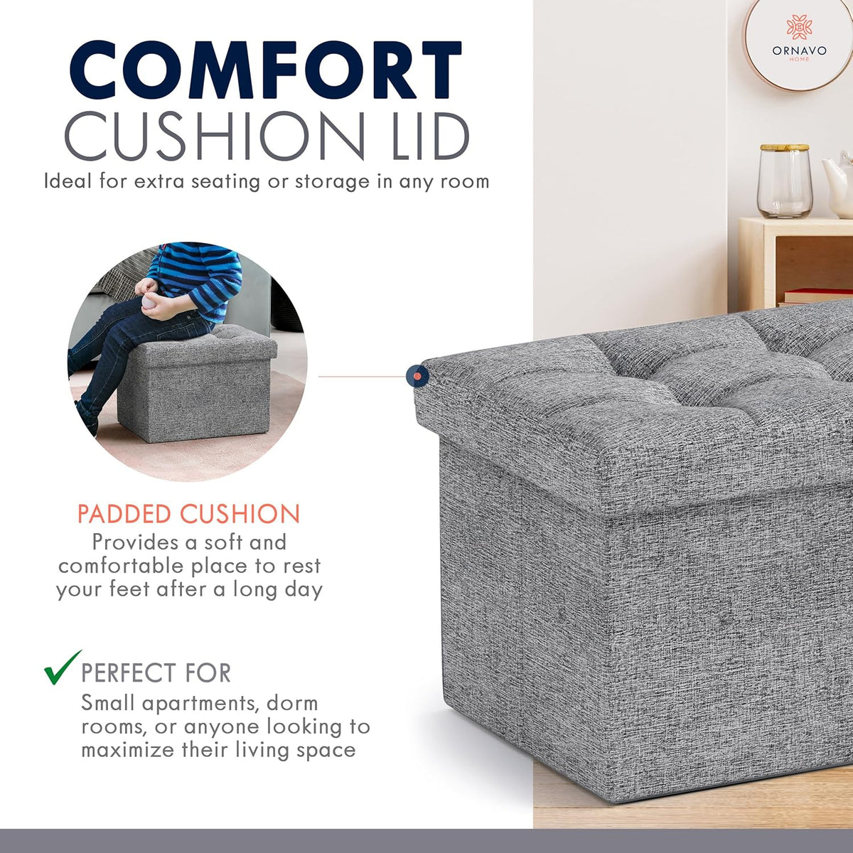 Ornavo Home Small Storage Ottoman, Set of 2, Foldable Collapsible Rectangle Linen Ottoman Foot Rest
