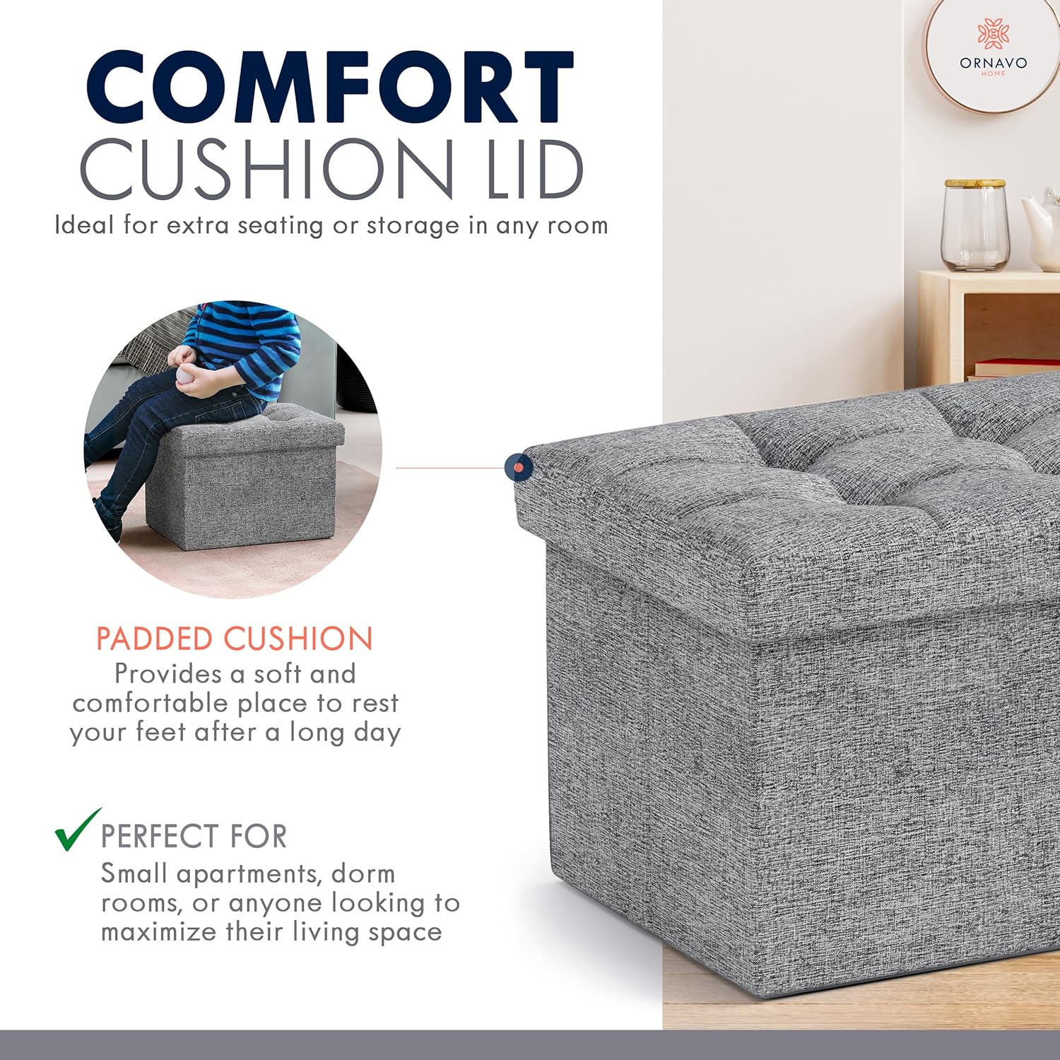 Ornavo Home Small Storage Ottoman, Set of 2, Foldable Collapsible Rectangle Linen Ottoman Foot Rest
